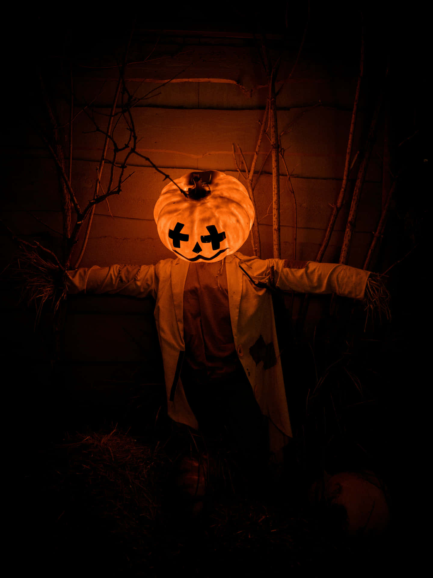 Pumpkin Head Scarecrow Nighttime Halloween Wallpaper