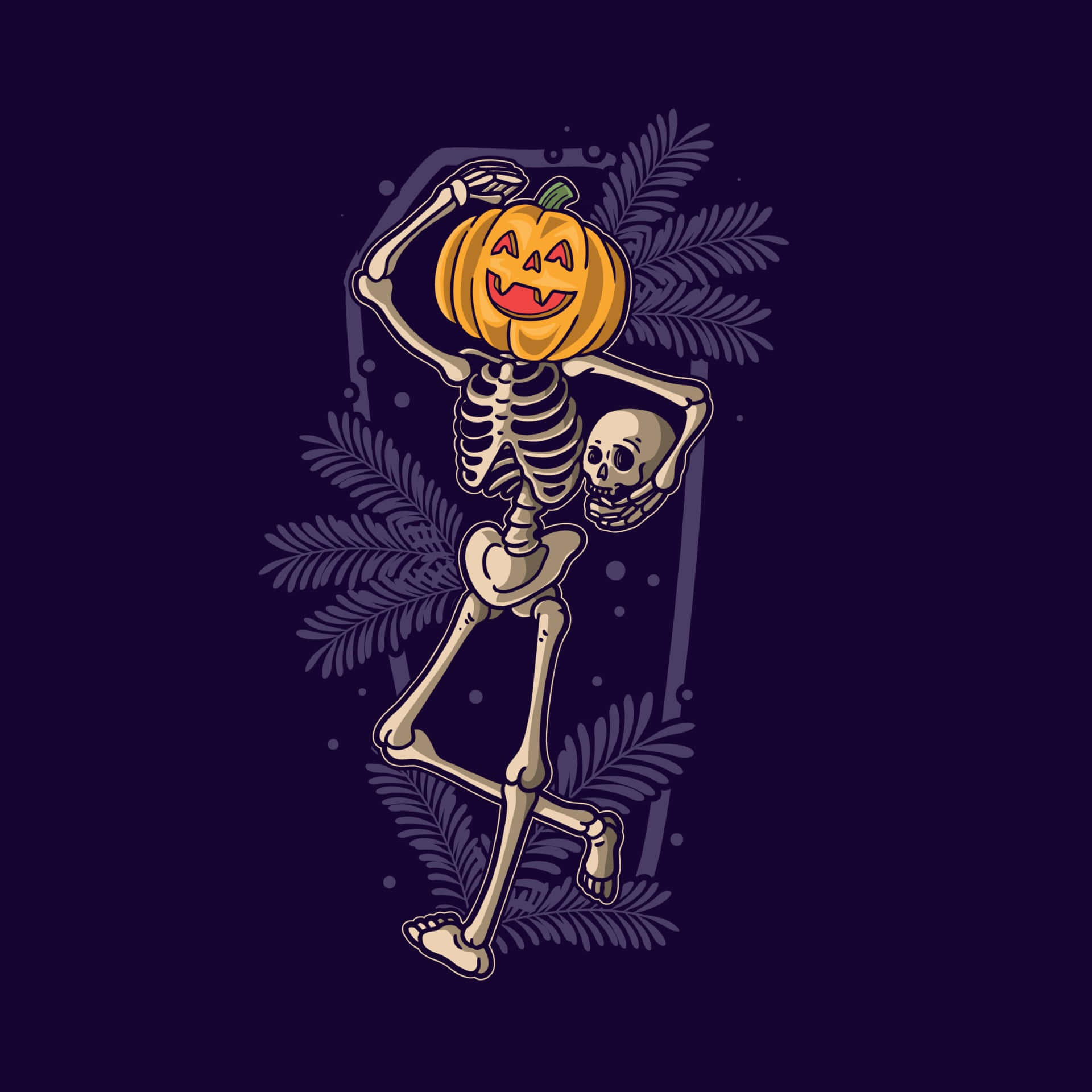 Pumpkin Head Skeleton Posing Purple Background Wallpaper