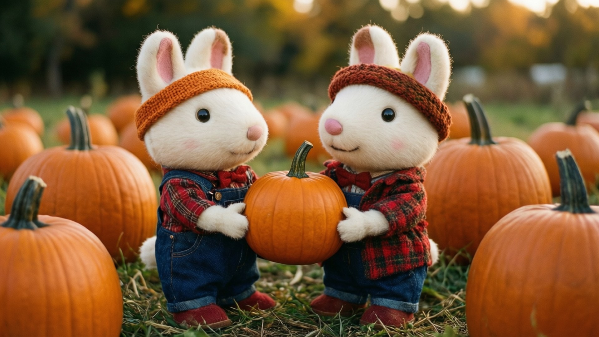 Max e Ruby raccolgono zucche in un campo durante l'autunno.