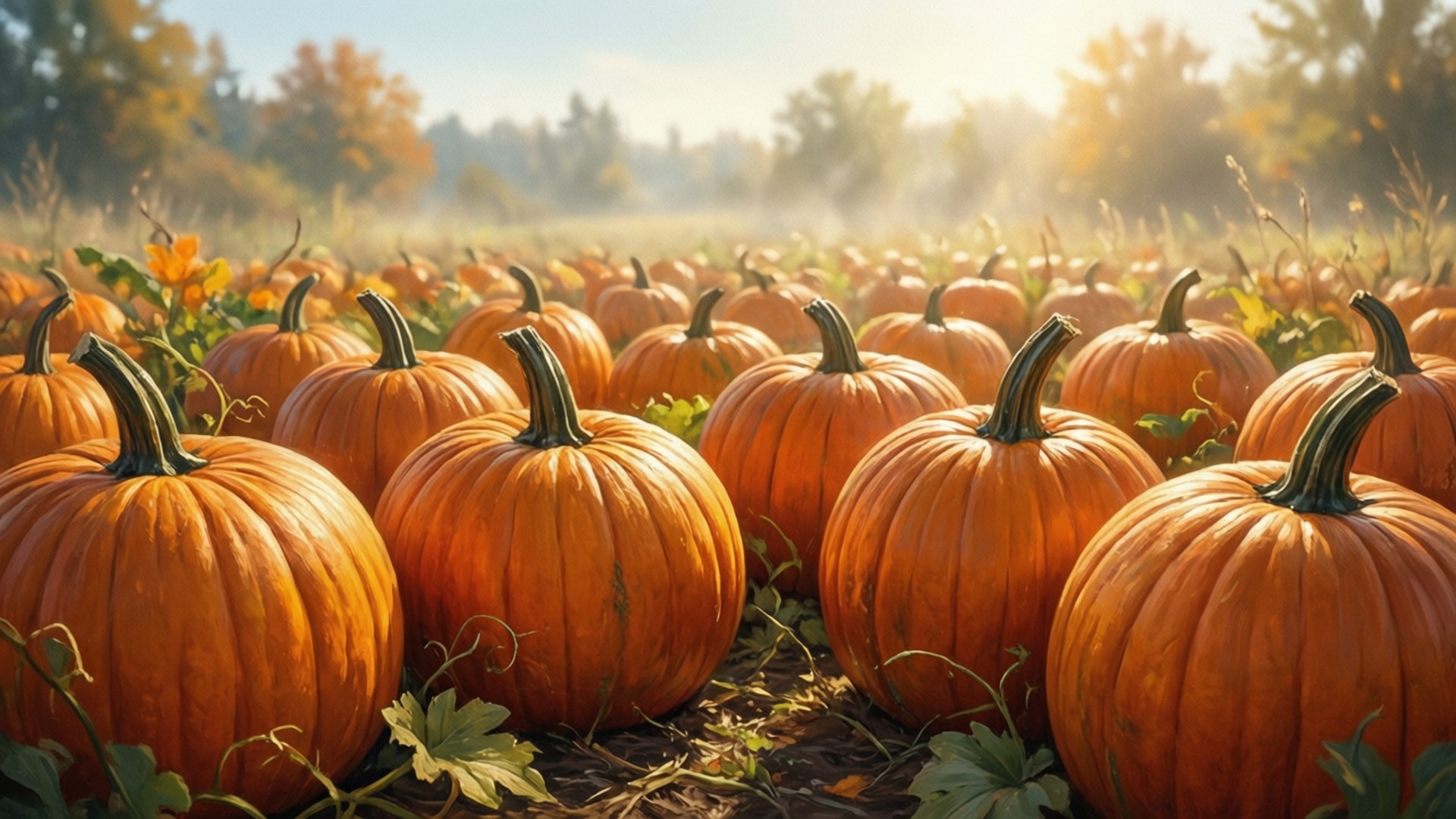 Rows of pumpkins in a misty autumn field at sunrise.