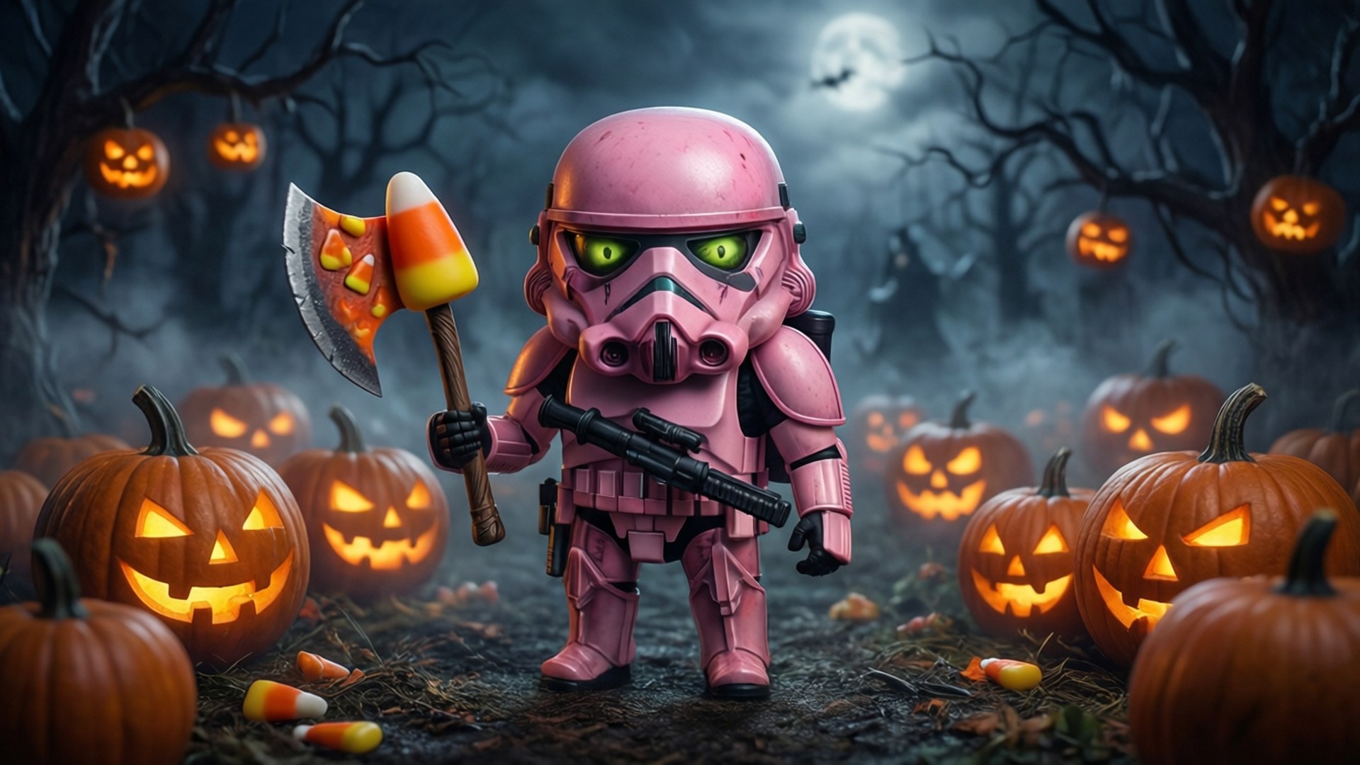 Halloween-bakgrunnsbilde av Pink Ghoul Trooper i en glødende gresskaråker