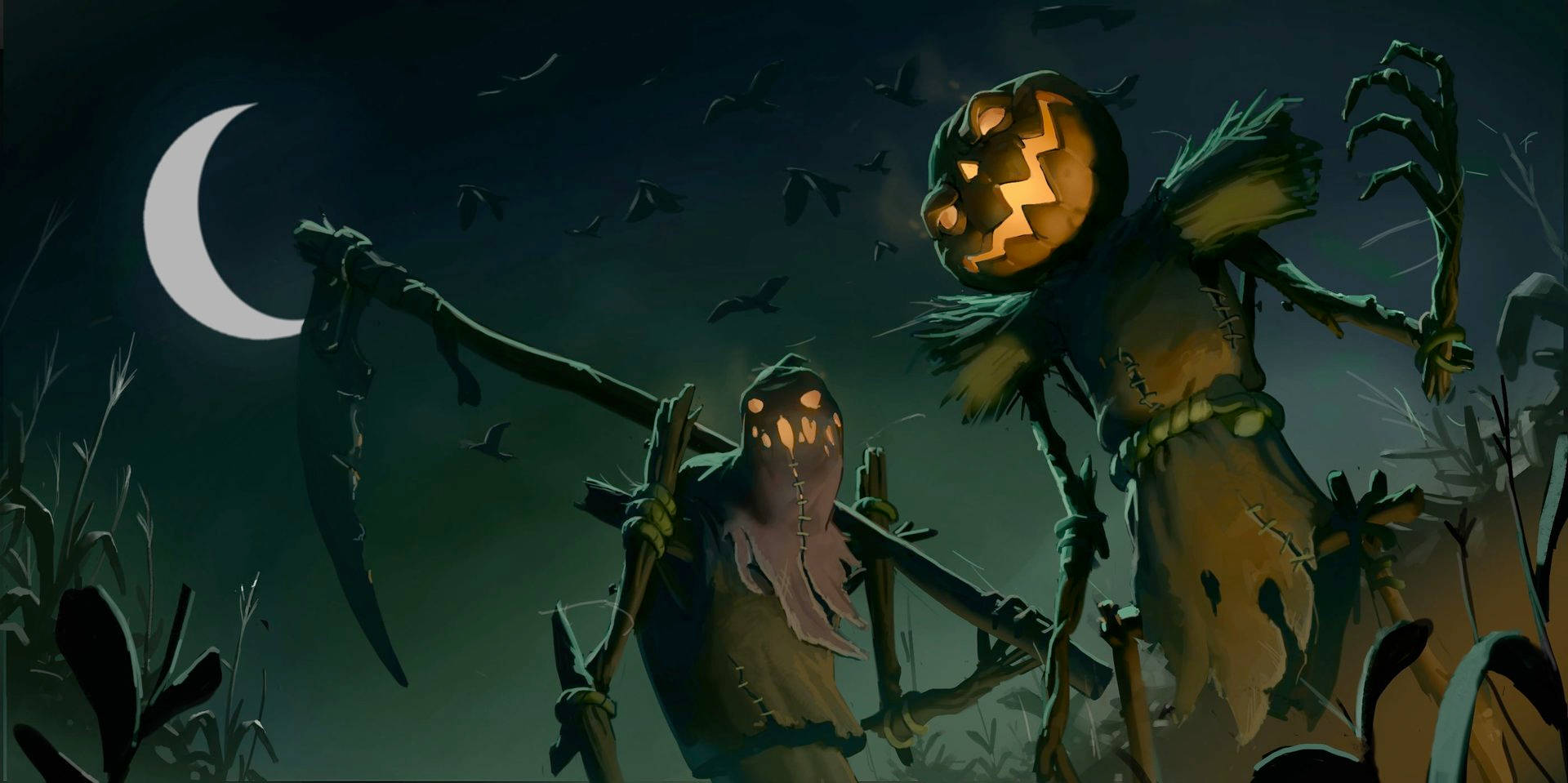 Pumpkin Scarecrows With Scythe Halloween Computer