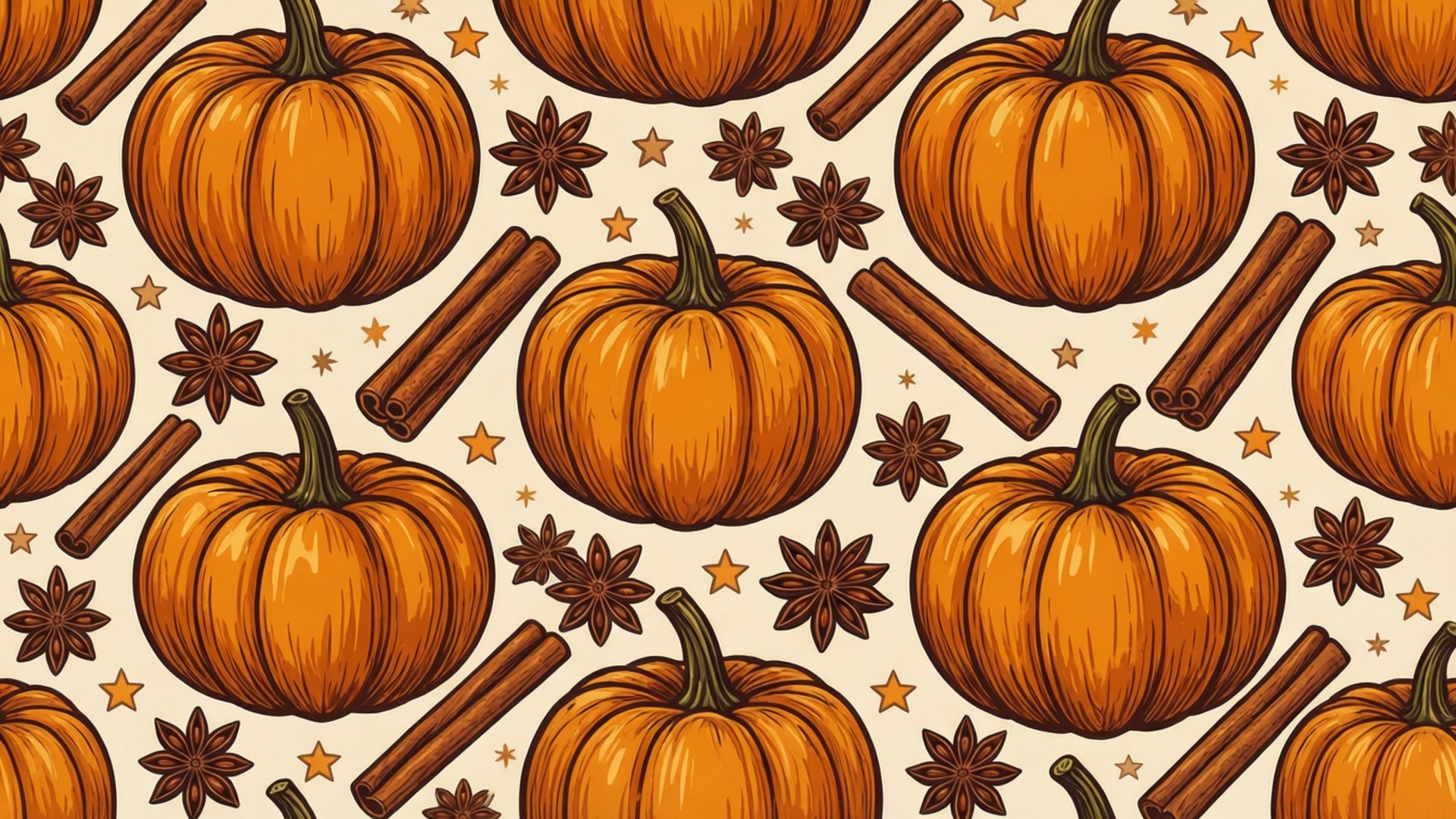 Een naadloos vectorpatroon met pompoenen, kaneel en steranijs in herfstkleuren.