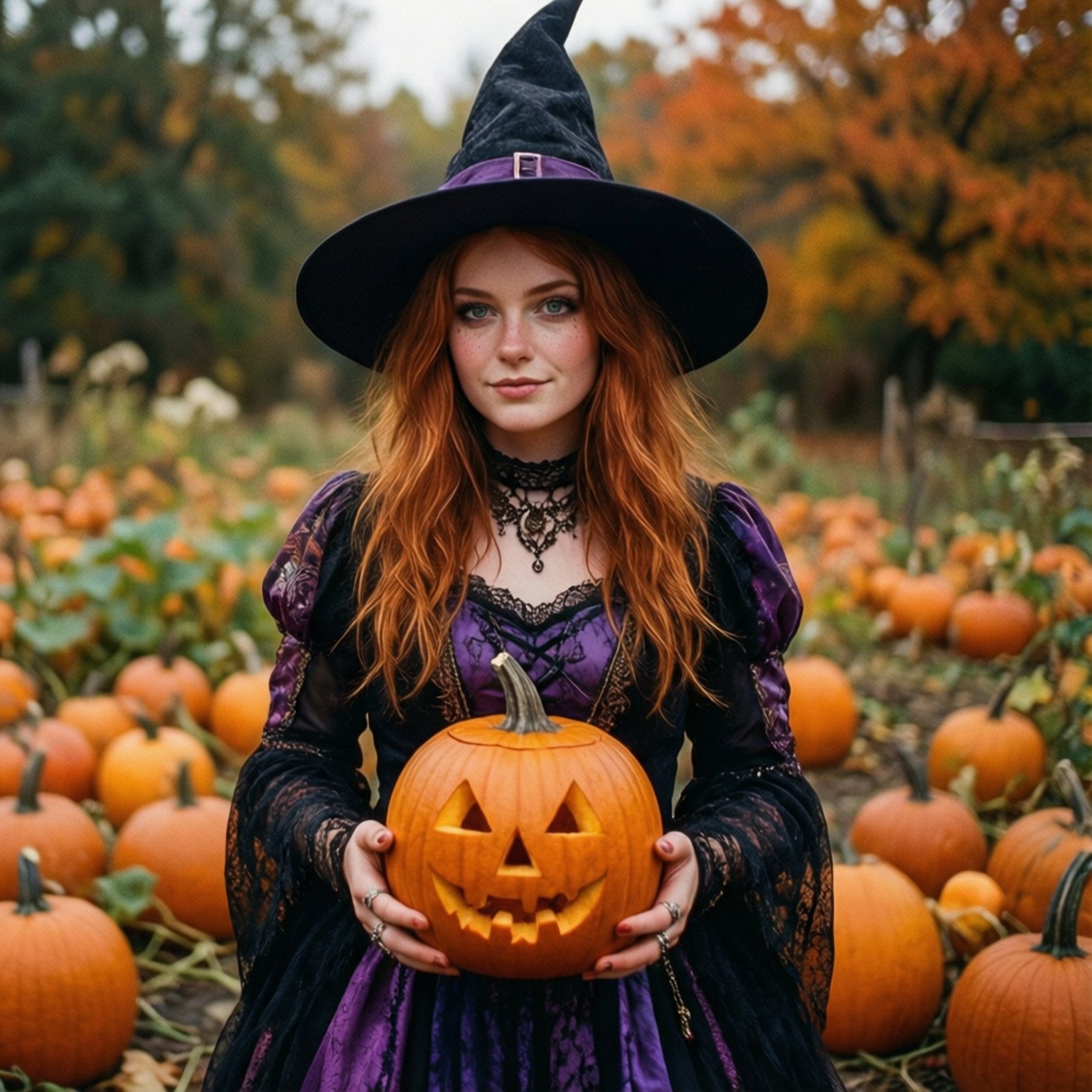 Blair i et gresskarfelt med et jack-o-lantern, Halloween-tema.