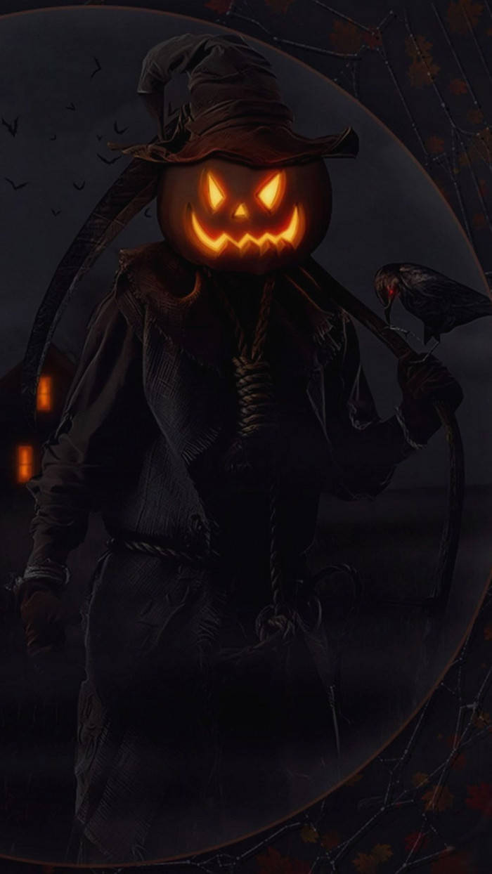 Download Pumpkin With Scythe Halloween Phone Wallpaper 