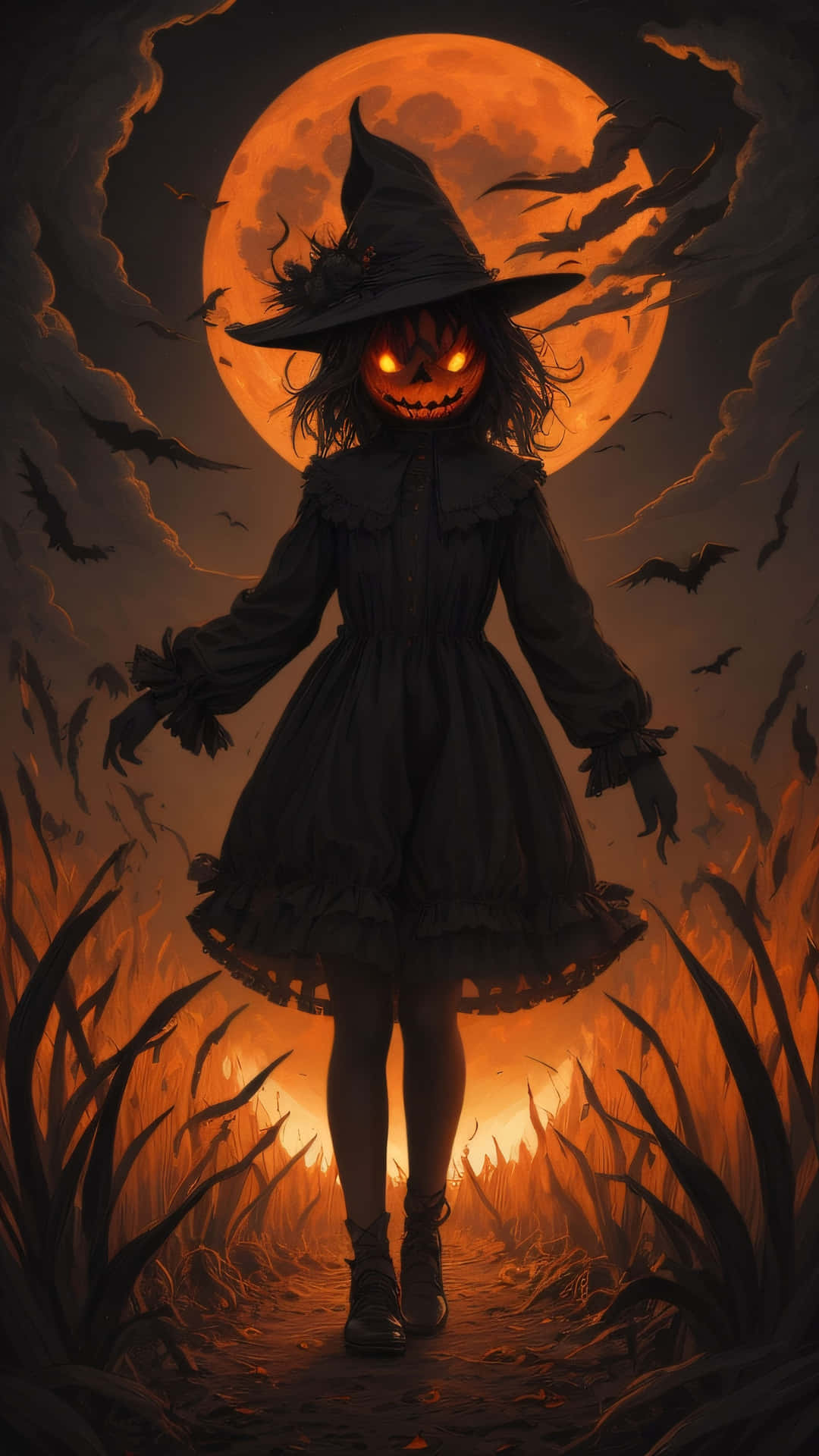 Pumpkinhead Witch Moonlit Night Wallpaper
