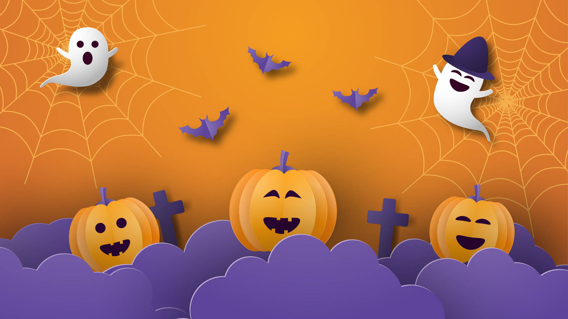 Pumpkins And Ghosts Cute Halloween Desktop Wallpaper
