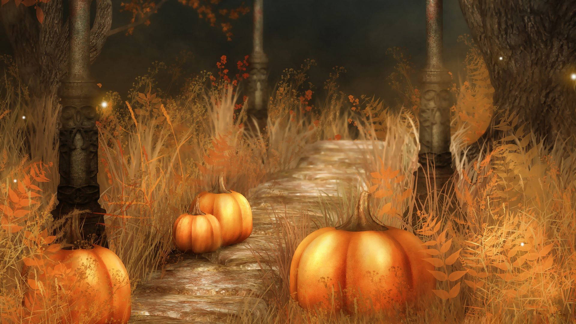 Pumpkins On Grassy Road Halloween Computer