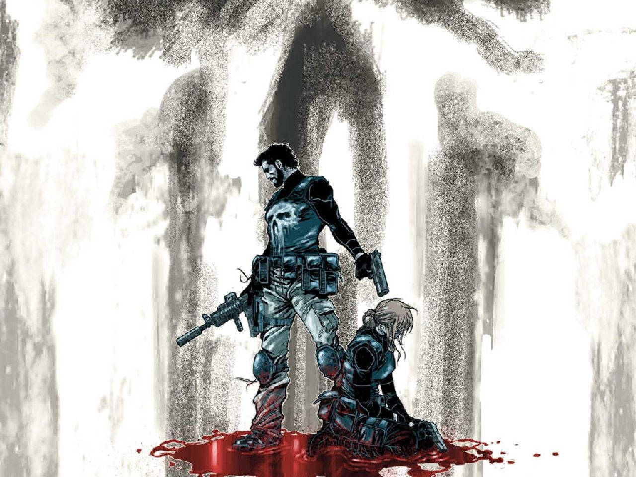 Punisher står sammen med en kvinde, som han har reddet, smurt ind i hendes egen blod. Wallpaper