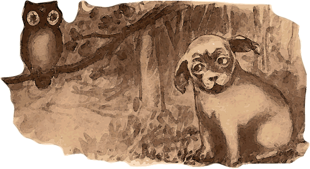 Puppyand Owl Woodland Sketch PNG