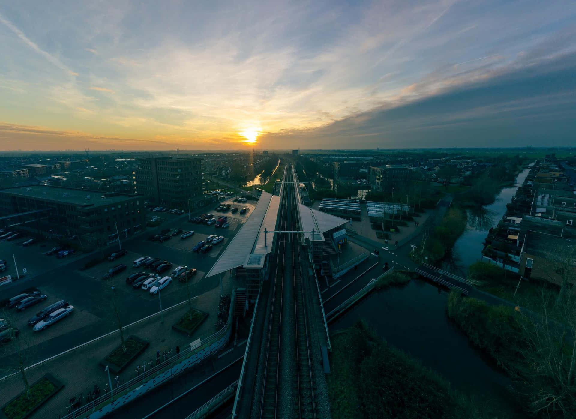 Purmerend Sunset Train Tracks Aerial View Wallpaper