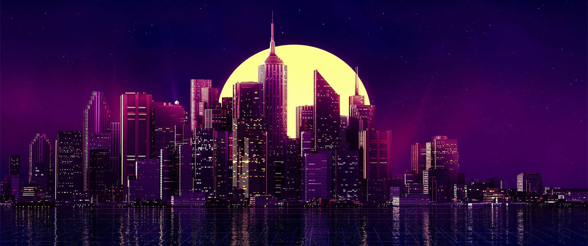 Purple 3440x1440 City With Full Moon