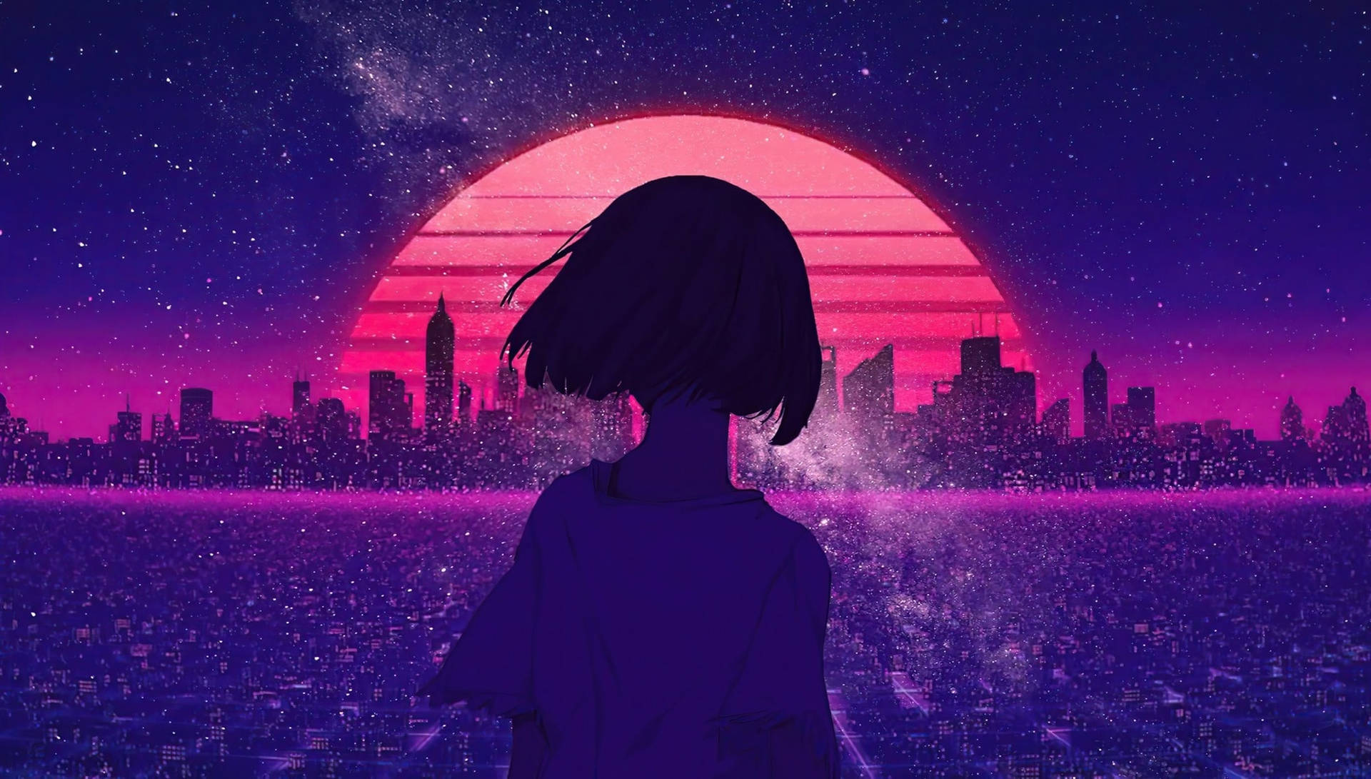A Girl Looking At The City With A Pink Sunset Wallpaper