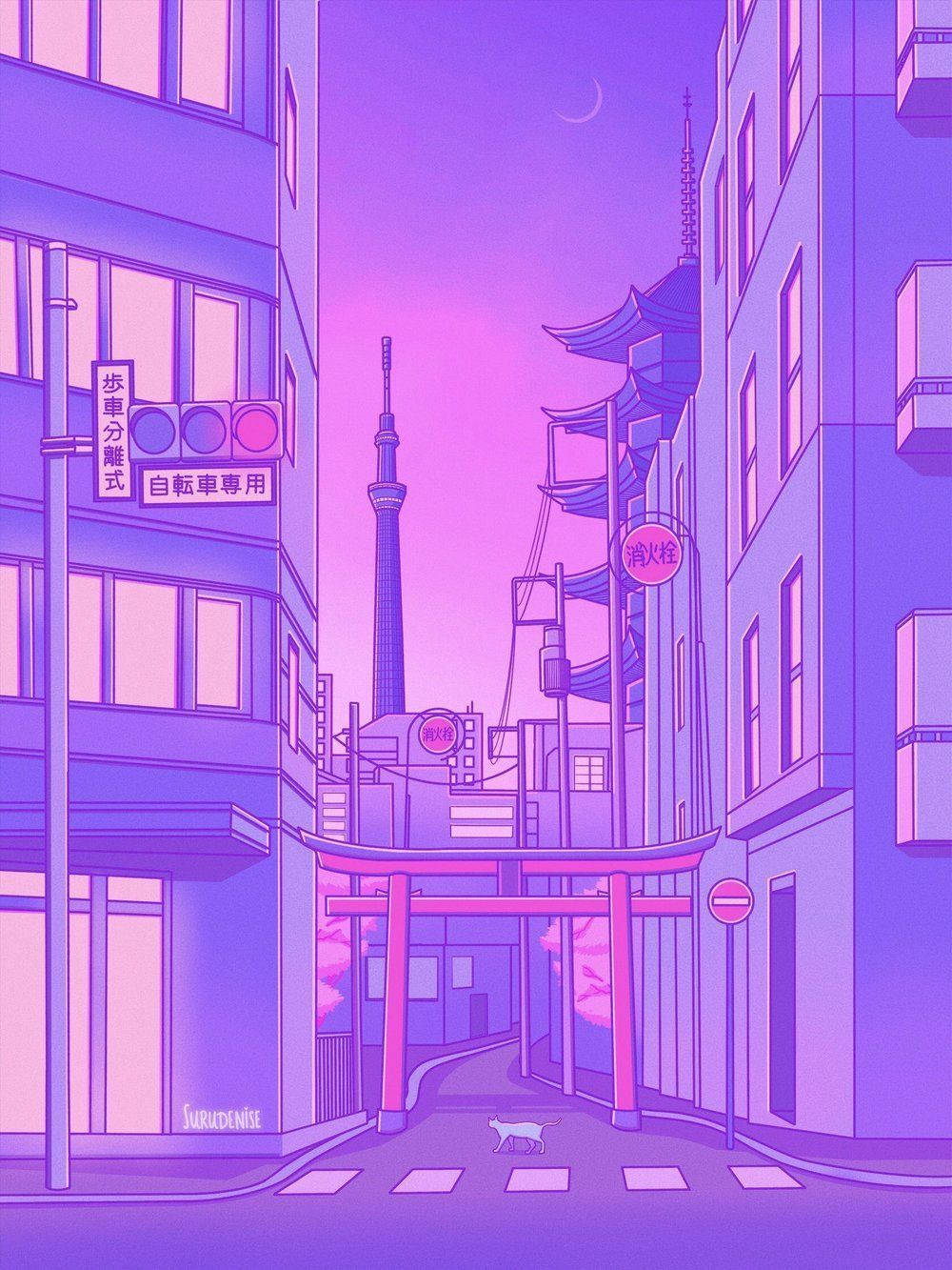 Japanischestadt, Kreuzung, Lila Ästhetisches Anime Wallpaper
