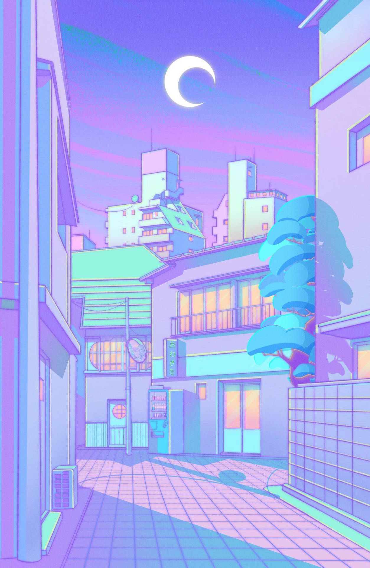 Japanese City Nighttime Purple Aesthetic Anime Wallpaper
