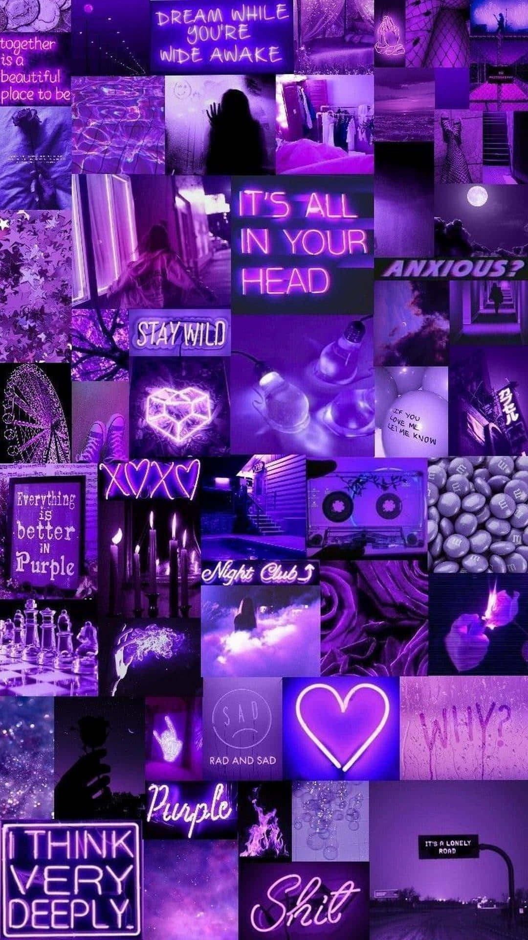A vibrant collage of purple hues, shapes, and textures. Wallpaper