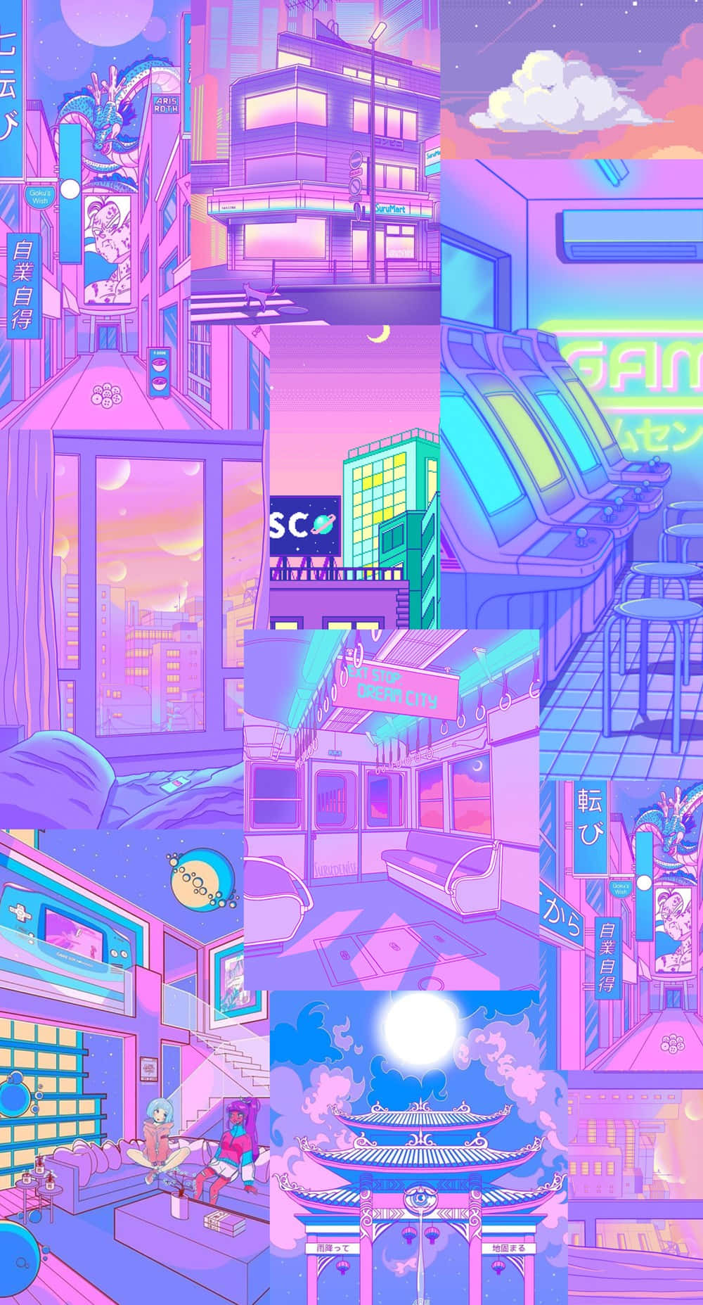 Collageestético Púrpura De Anime Japonés Kawaii. Fondo de pantalla