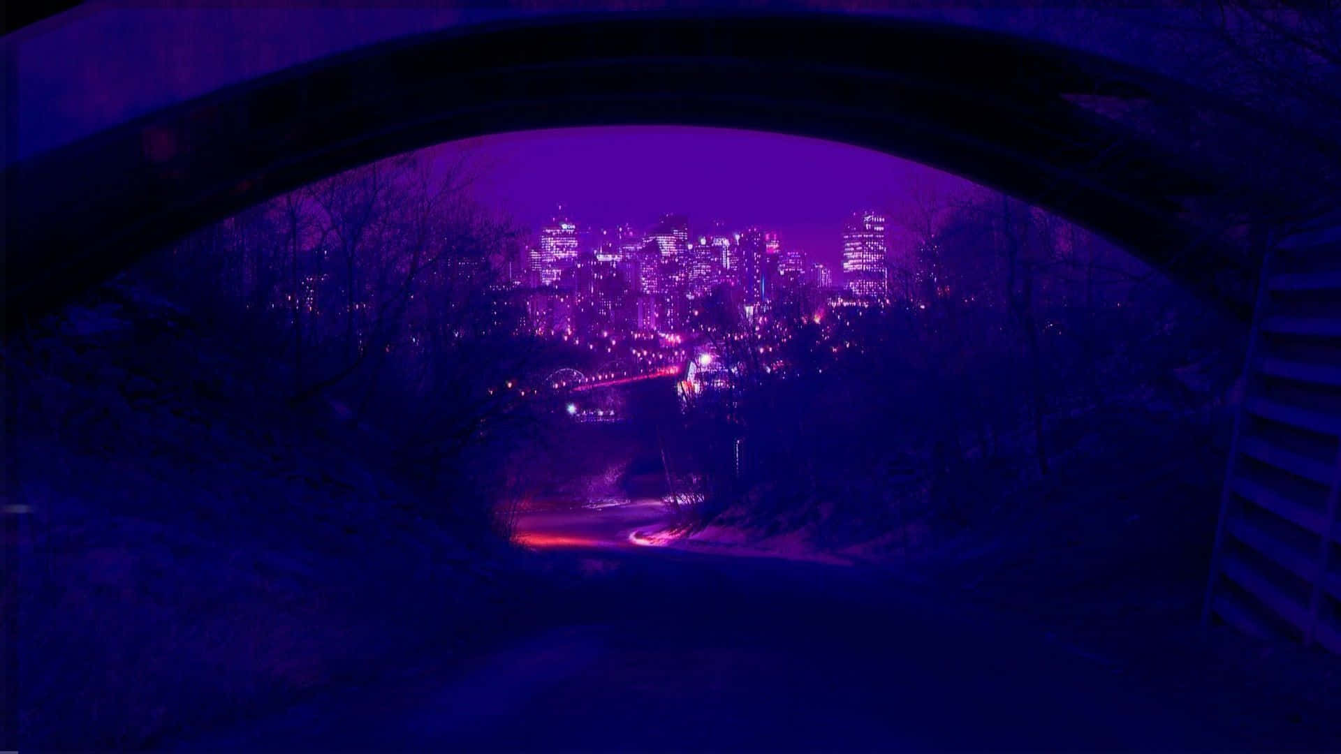 A Purple Tunnel With A City View Wallpaper