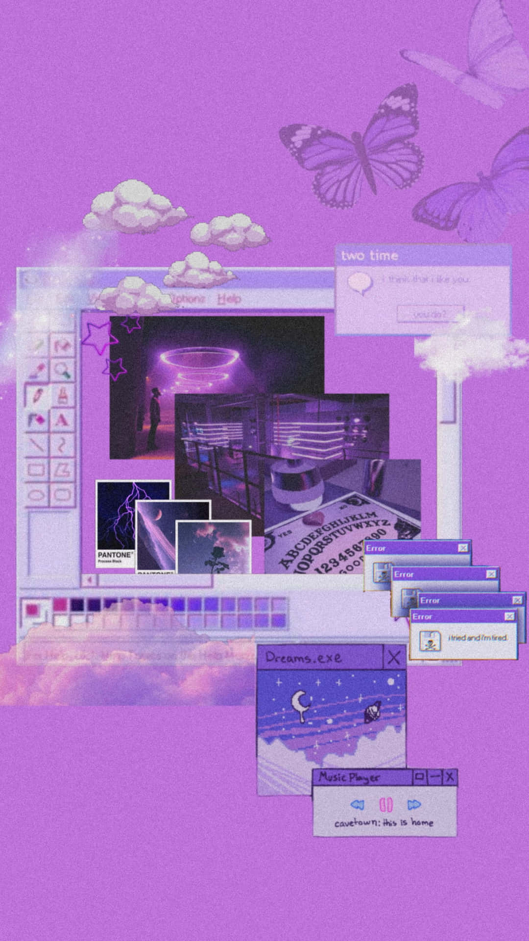 A Purple Desktop With A Computer Screen And A Butterfly Wallpaper
