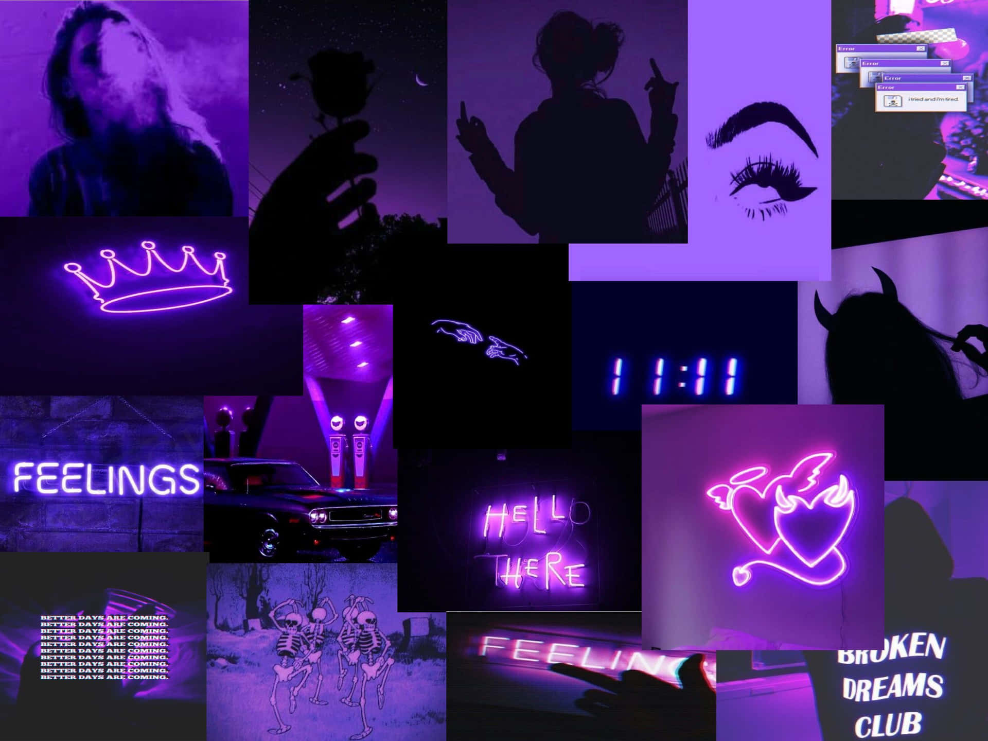 A Collage Of Images With Purple Neon Lights Wallpaper