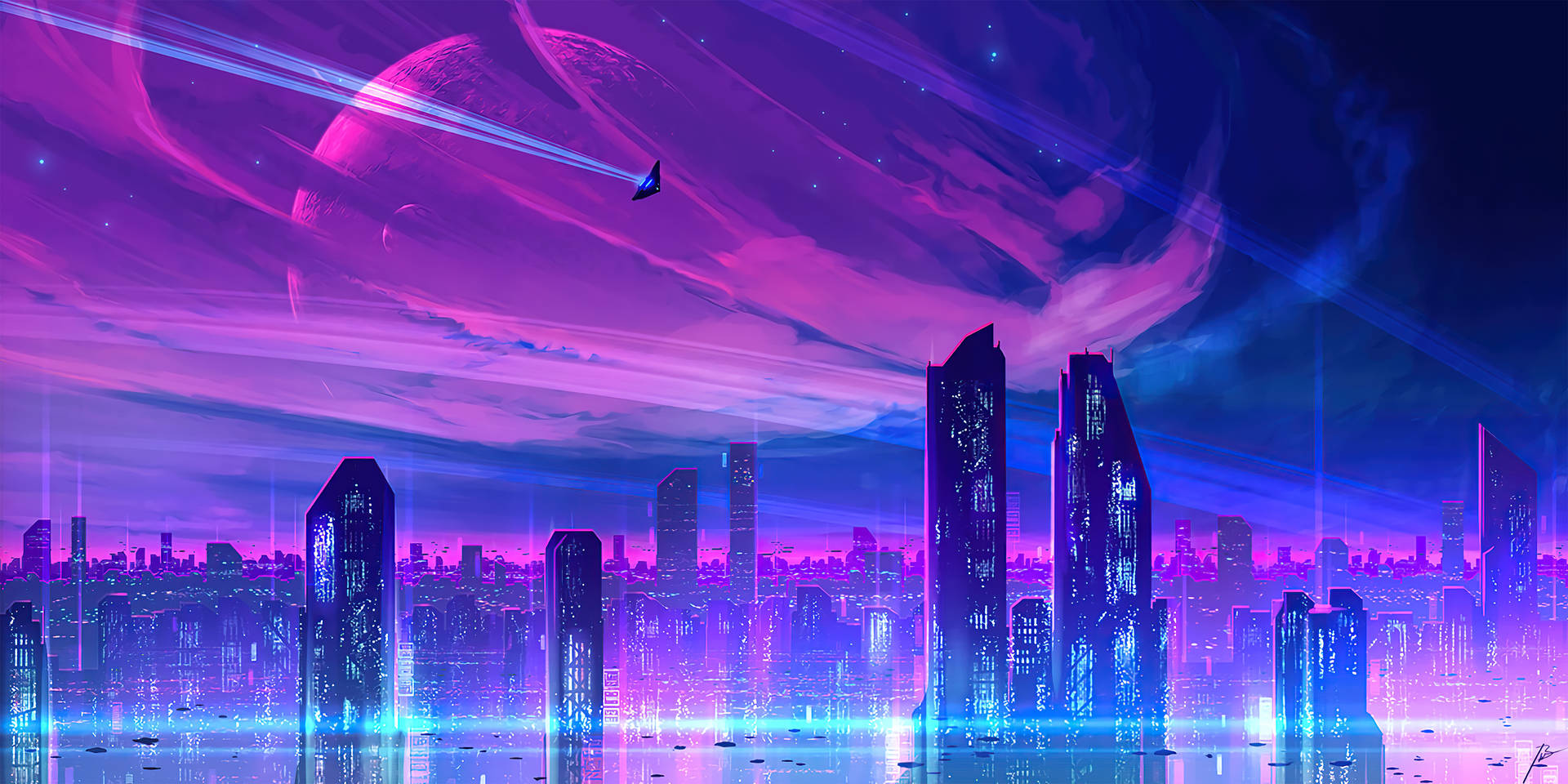 Purple And Blue Sci Fi City Background Wallpaper