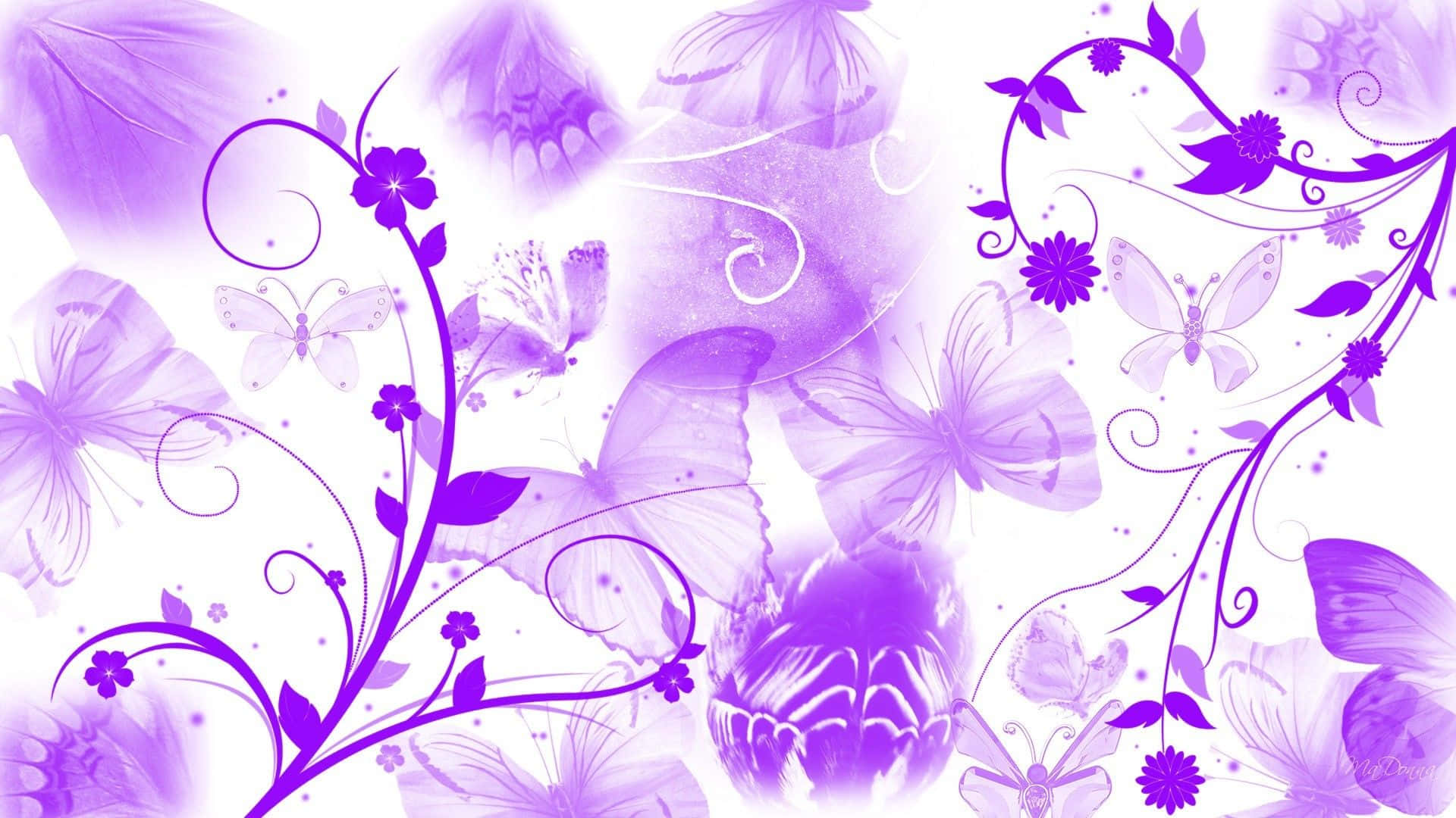 A vibrant purple and white background with a floral pattern and sparkle accents.