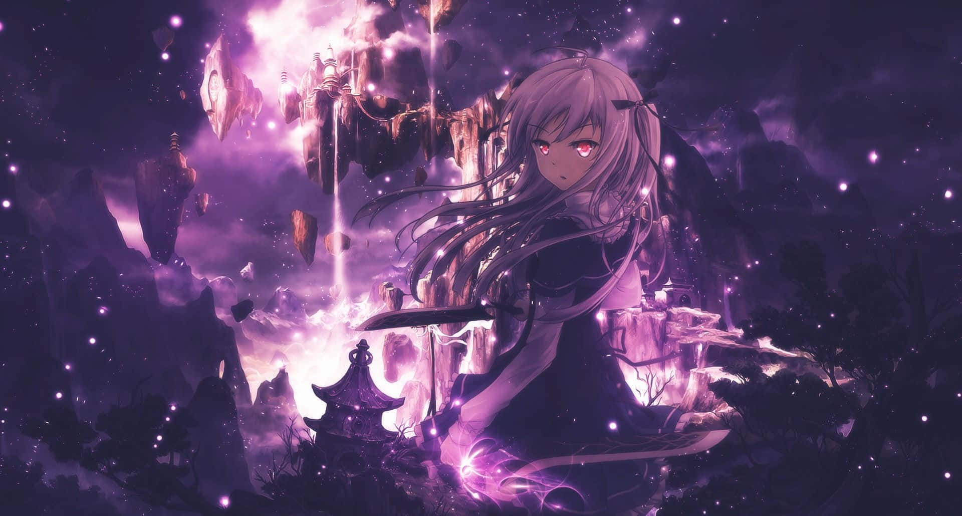 A purple-haired anime girl gazing into the distance Wallpaper