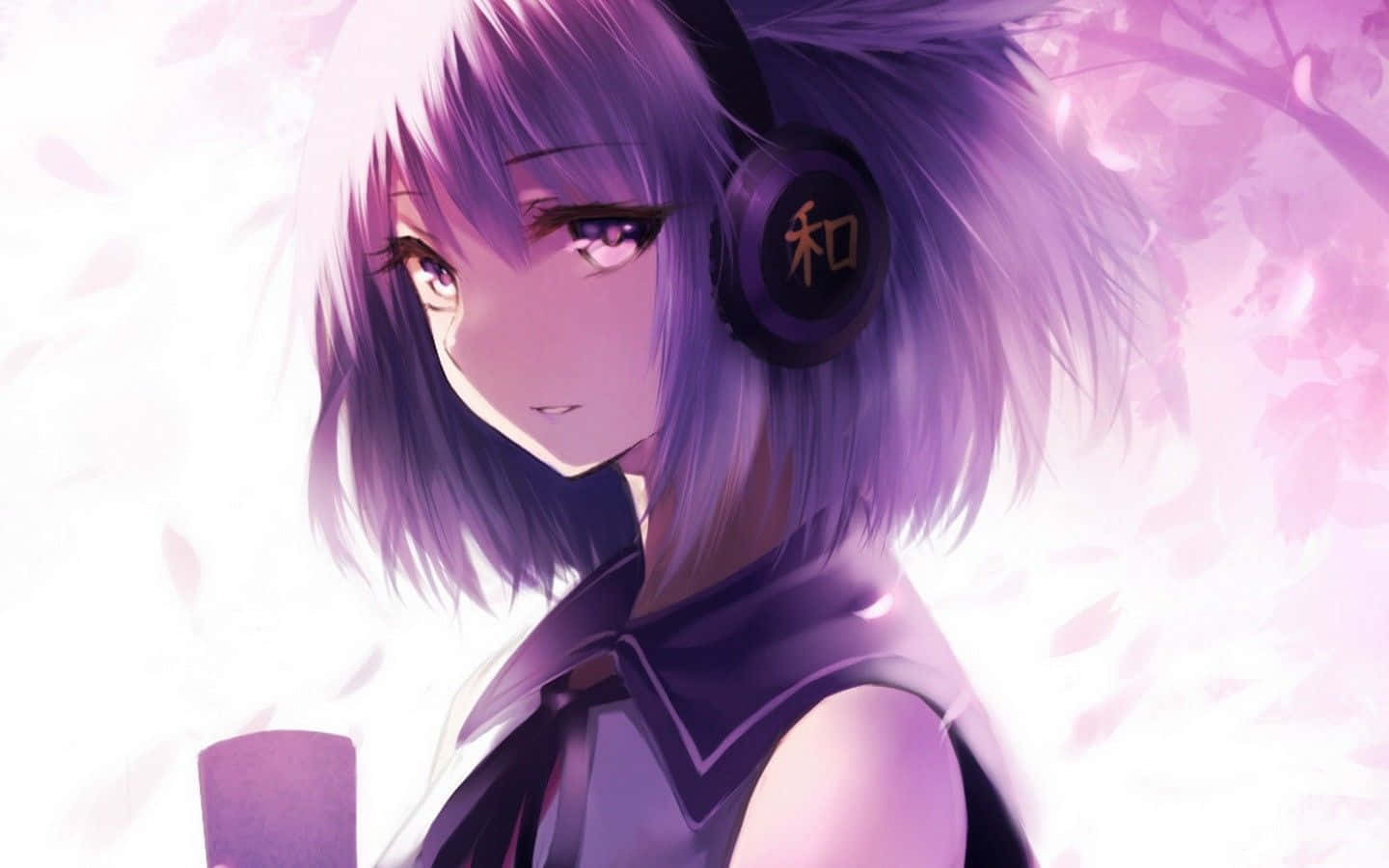 A Girl With Purple Hair And Headphones Is Sitting In A Tree Wallpaper