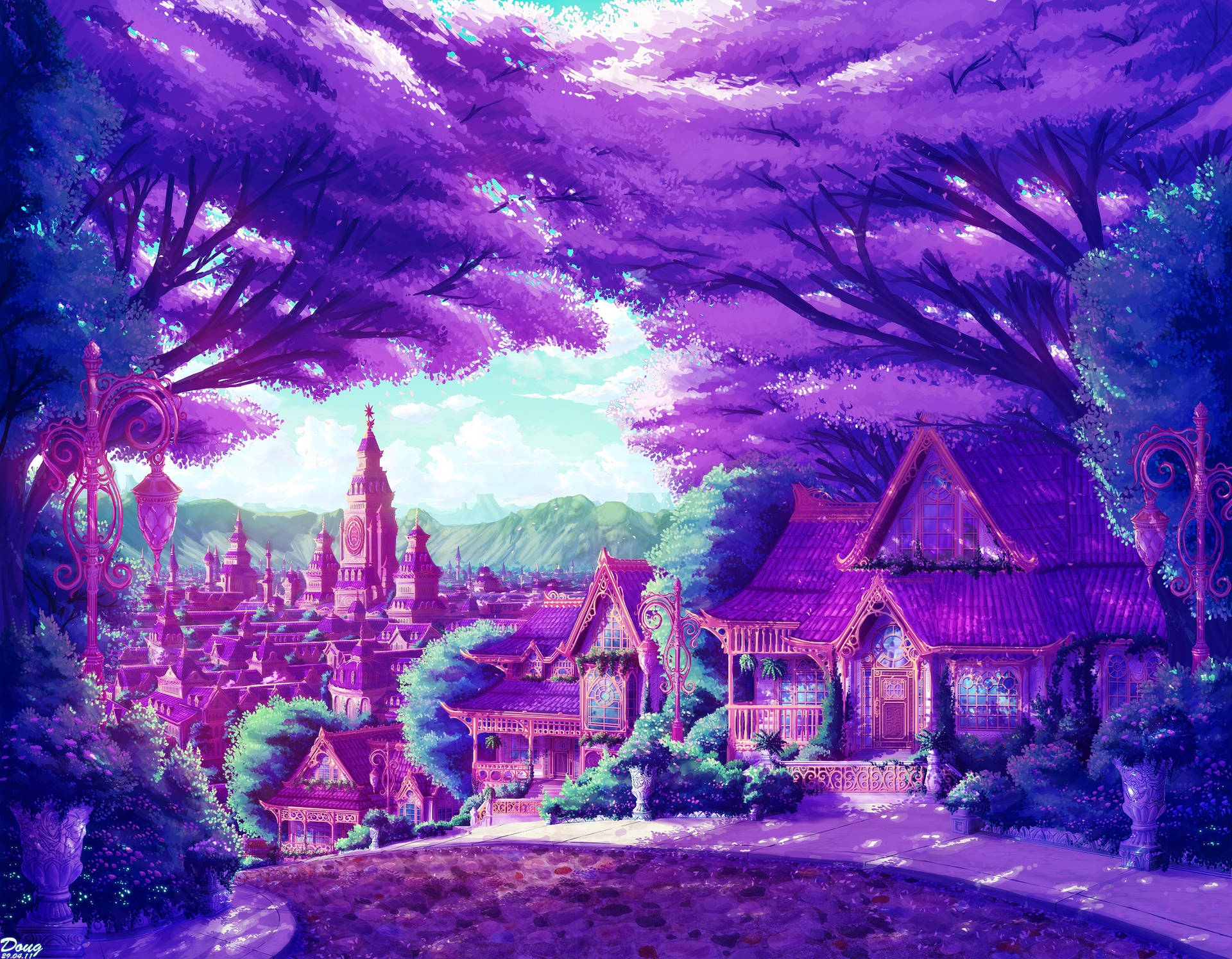 Purple Anime City Artwork Wallpaper