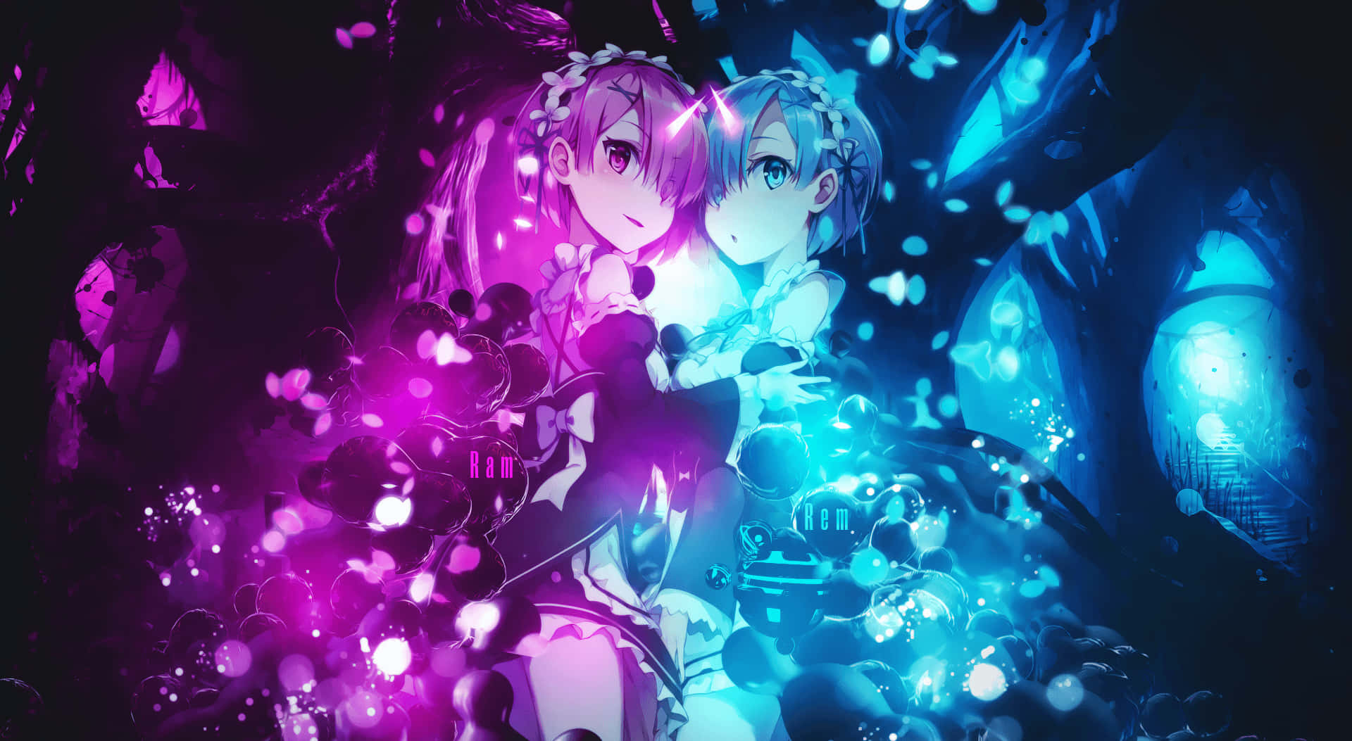 To anime piger står foran et mørkt baggrund Wallpaper