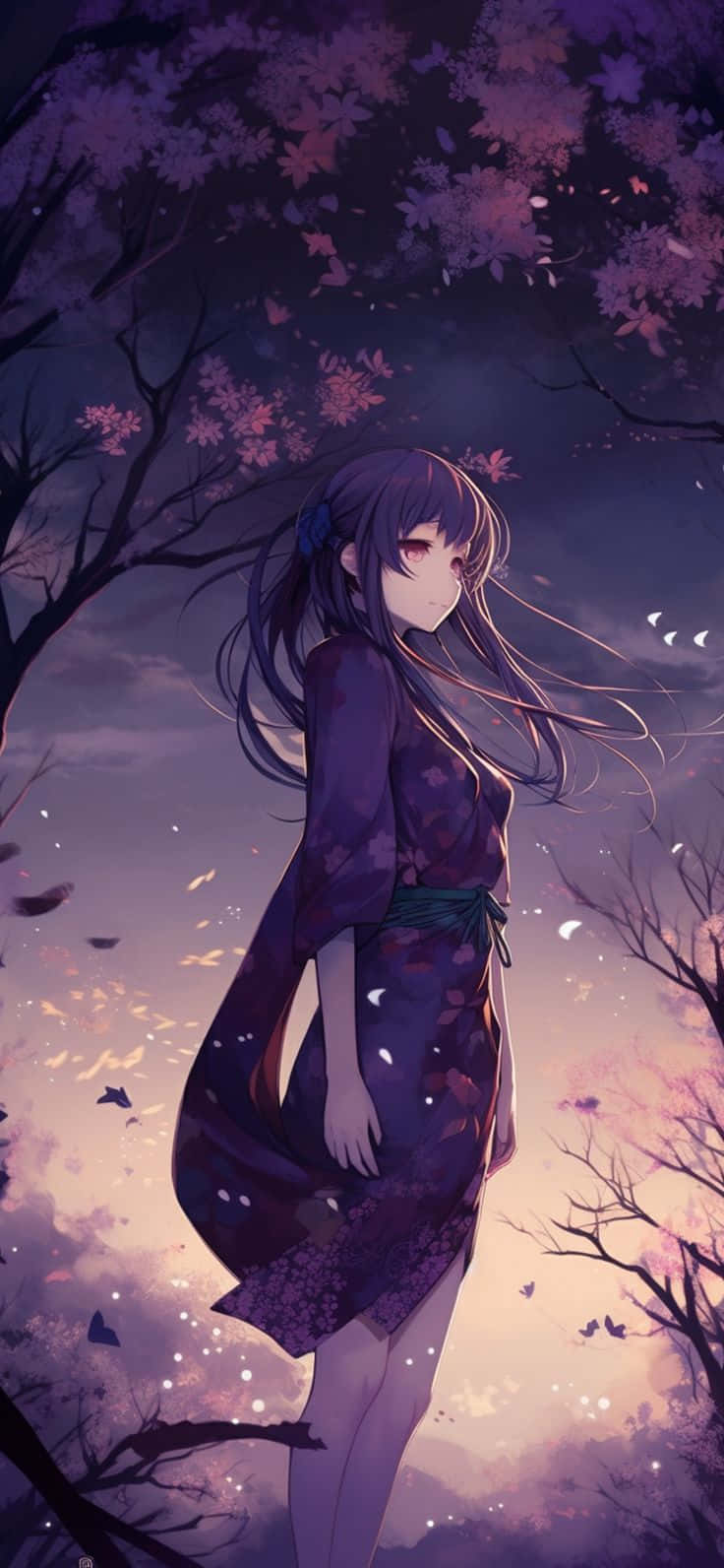 Purple Anime Girl Cherry Blossoms Night Wallpaper