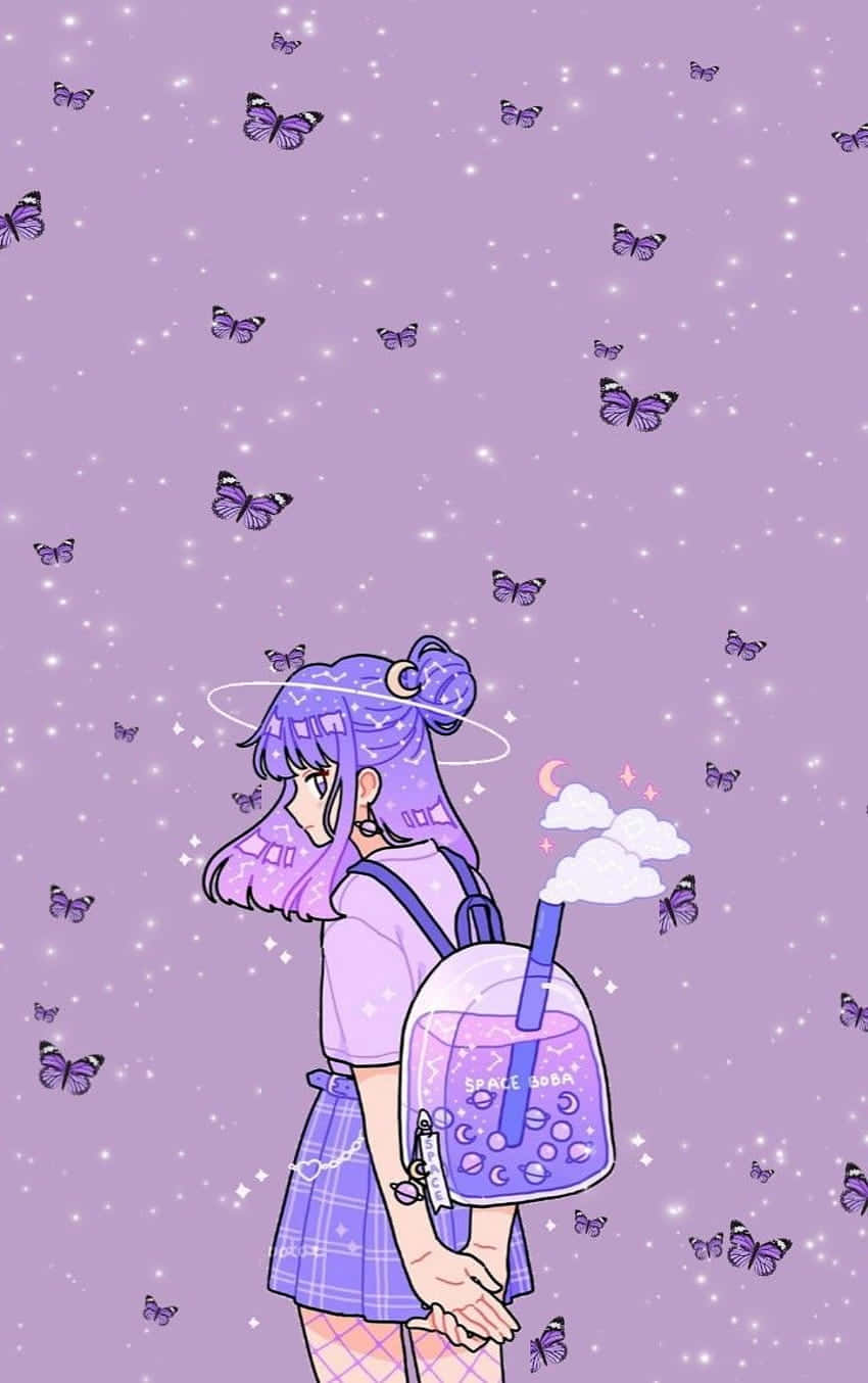 Purple Anime Girlwith Butterflies Wallpaper