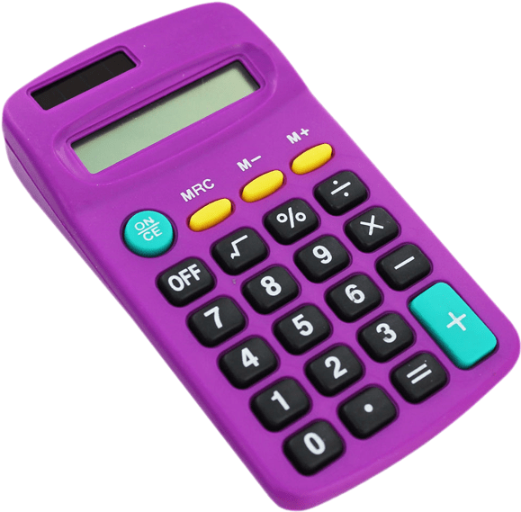 Purple Basic Calculator PNG — A vibrant purple handheld calculator with black buttons and yellow and teal accent keys angled against a stark black background.