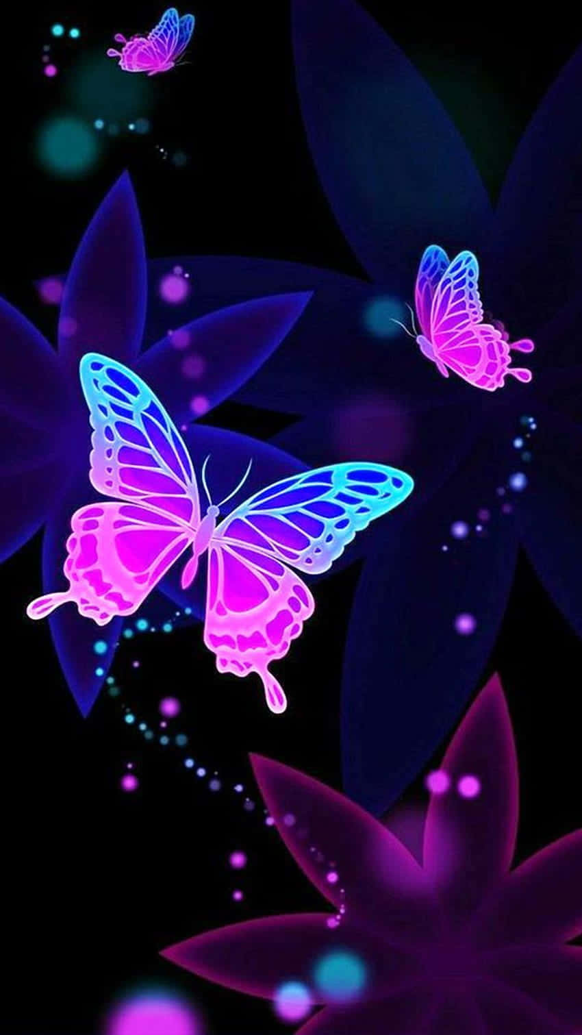 A Black Background With Pink And Blue Butterflies Wallpaper