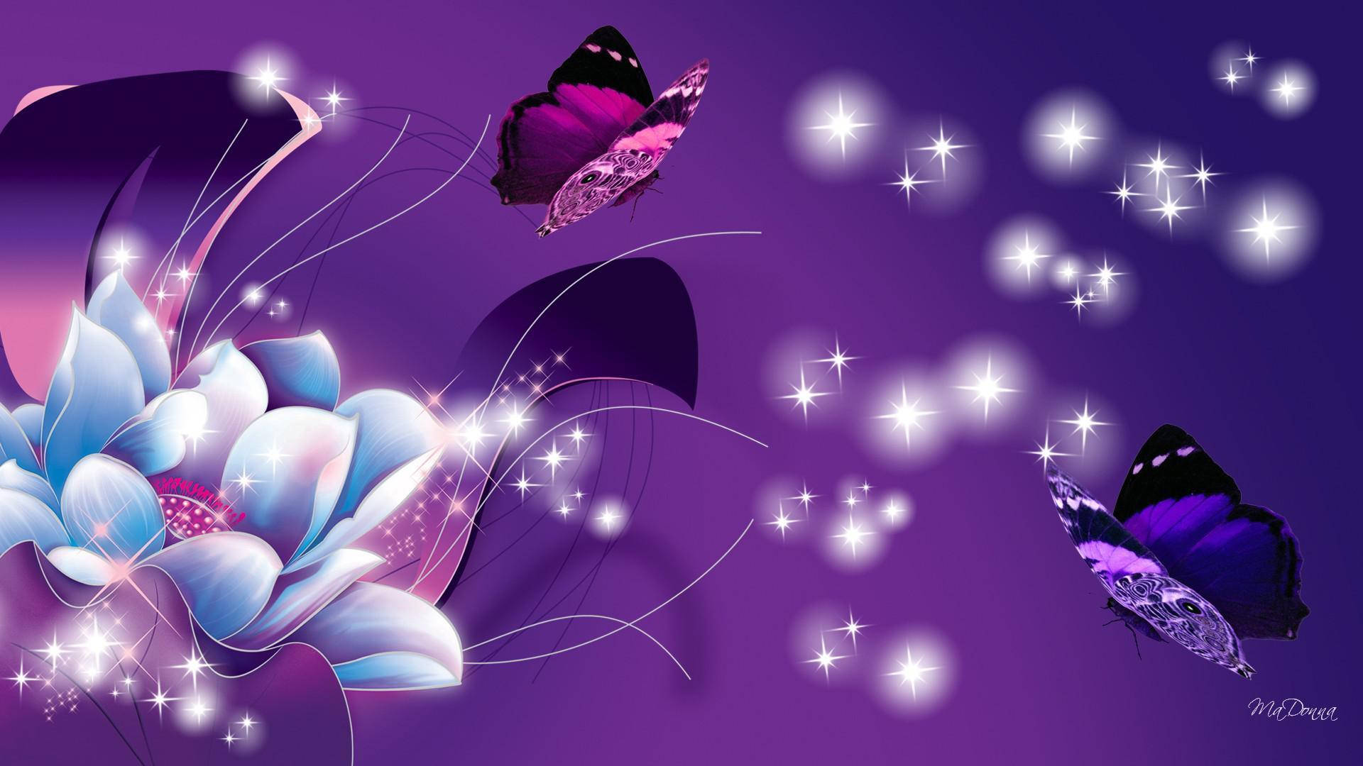Purple Butterfly Sparkling Flowers Wallpaper