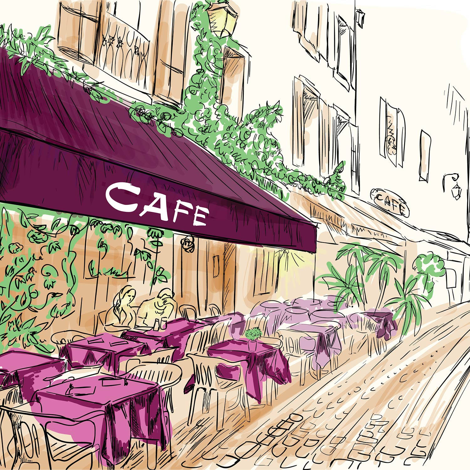 Purple Cafe Digital Sketch Art Wallpaper
