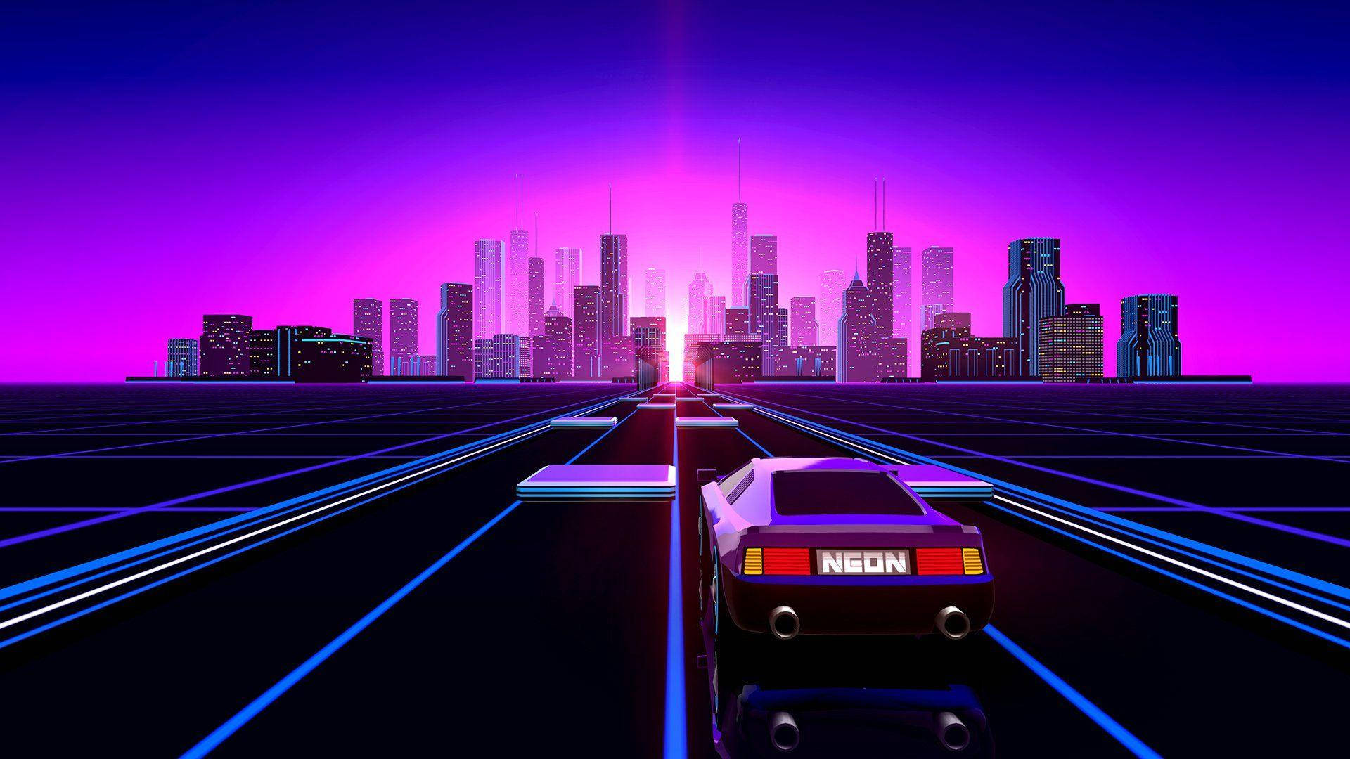 Purple Car To Neon Pink Retro City Wallpaper
