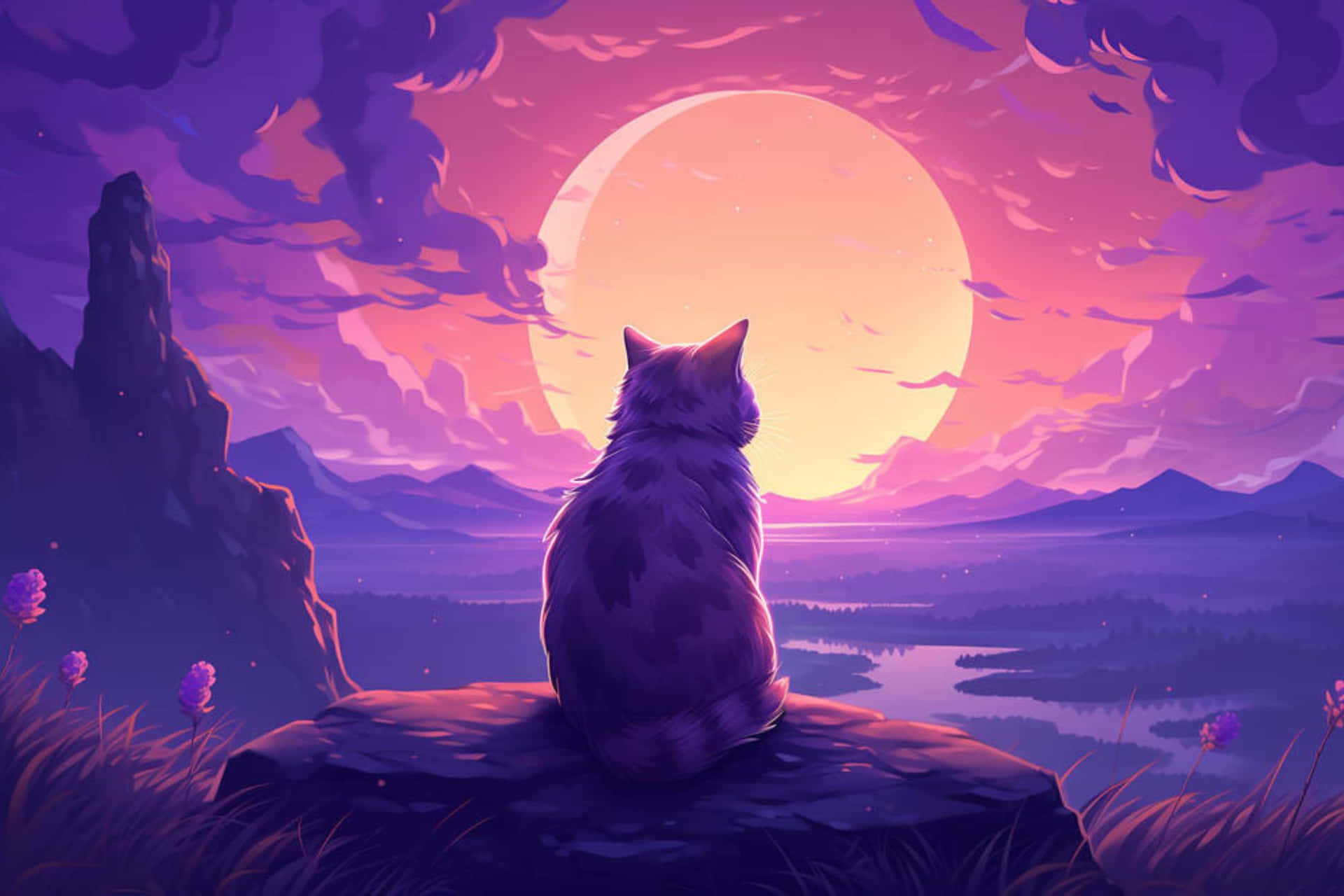 Purple Cat Moonlit Landscape Wallpaper