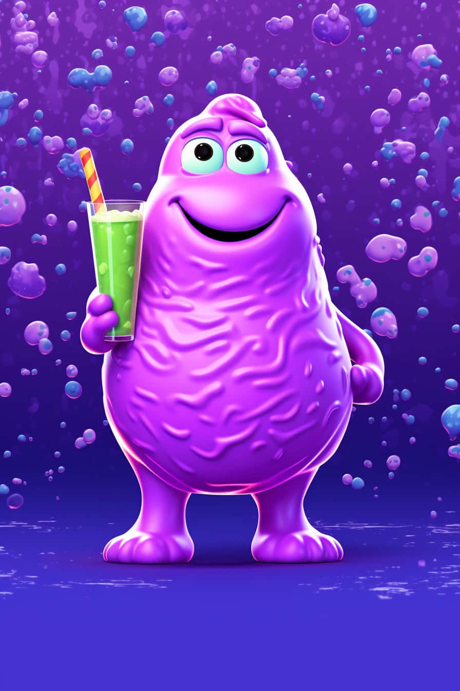 Purple Character Holding Drink Wallpaper