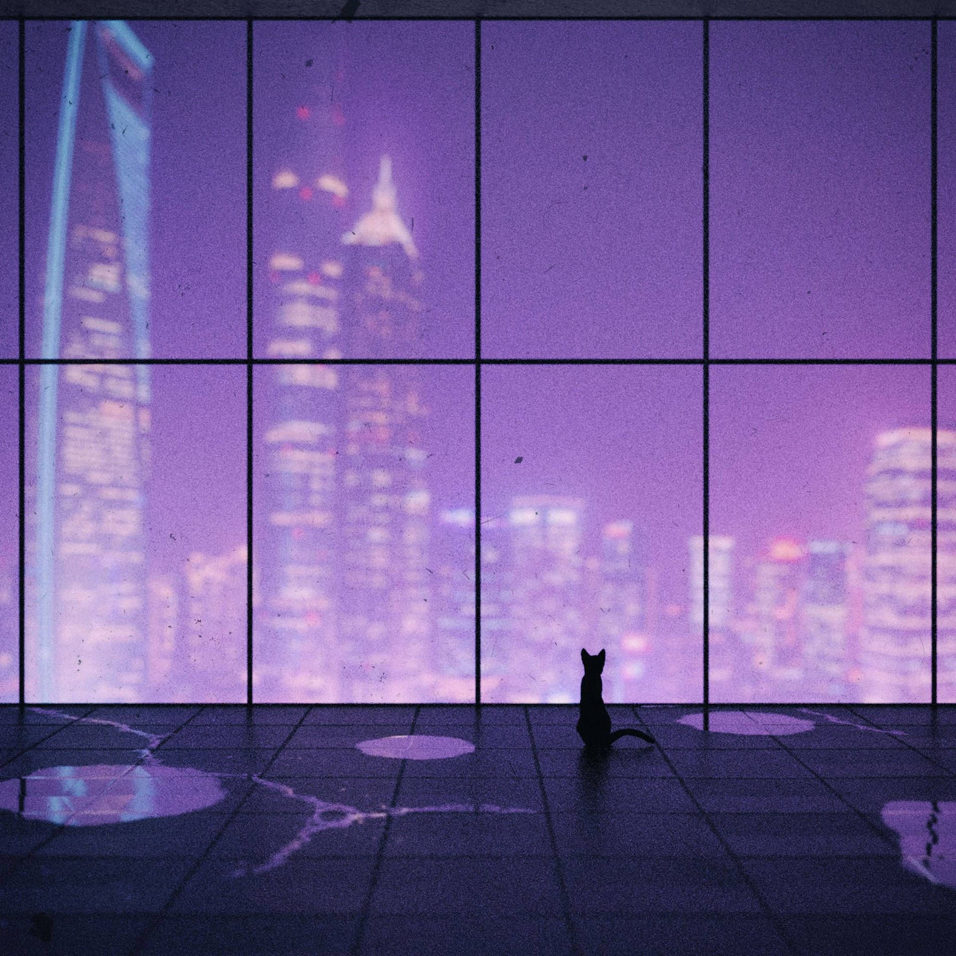 Purple City Art With Cat Wallpaper