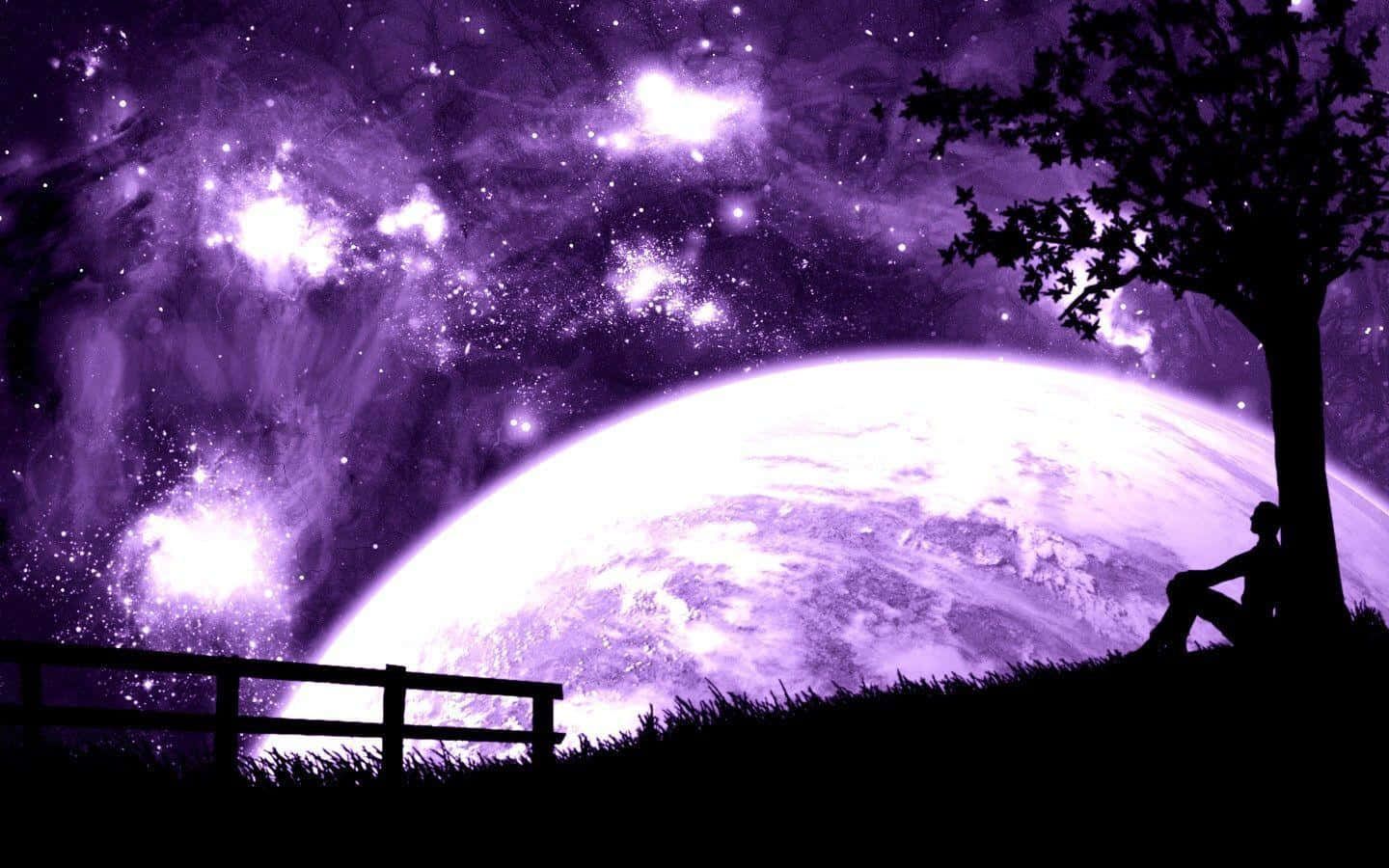 Man Under The Tree With Purple Cool Moon Wallpaper