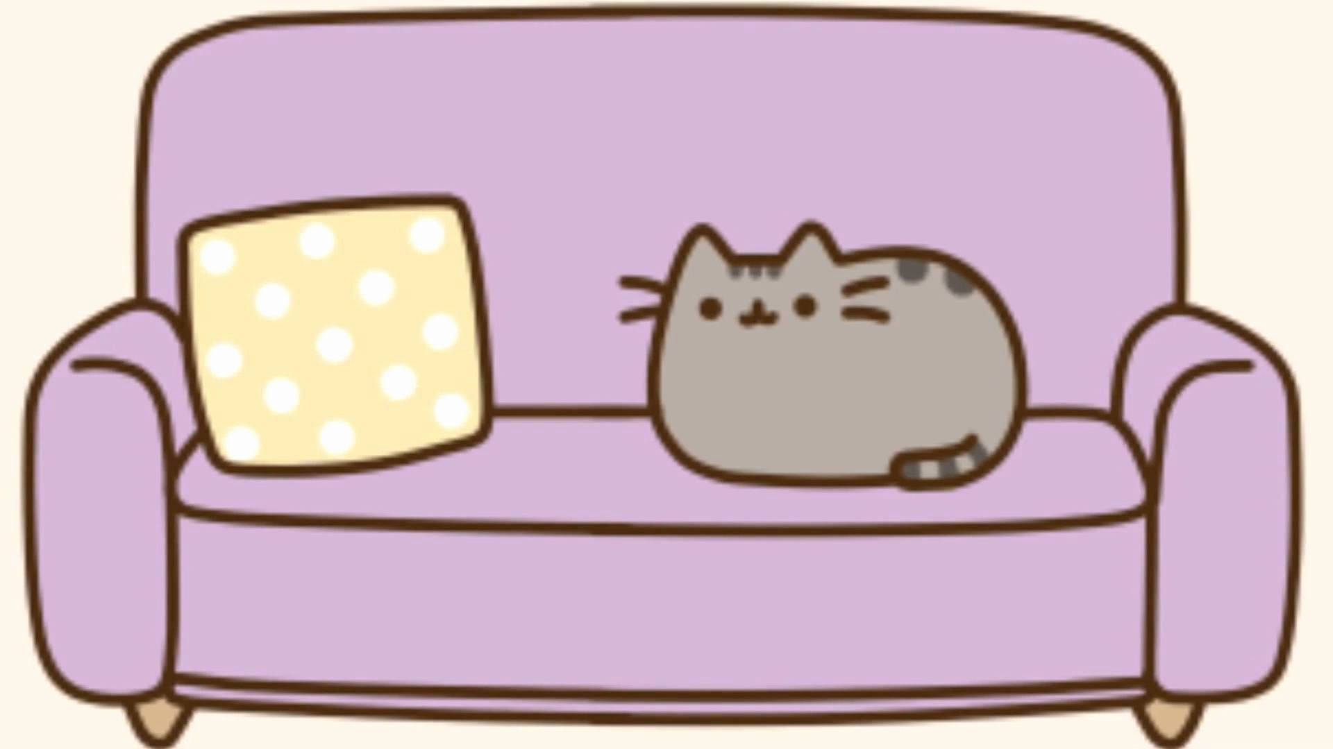 Pusheen lounges on a comfy couch Wallpaper