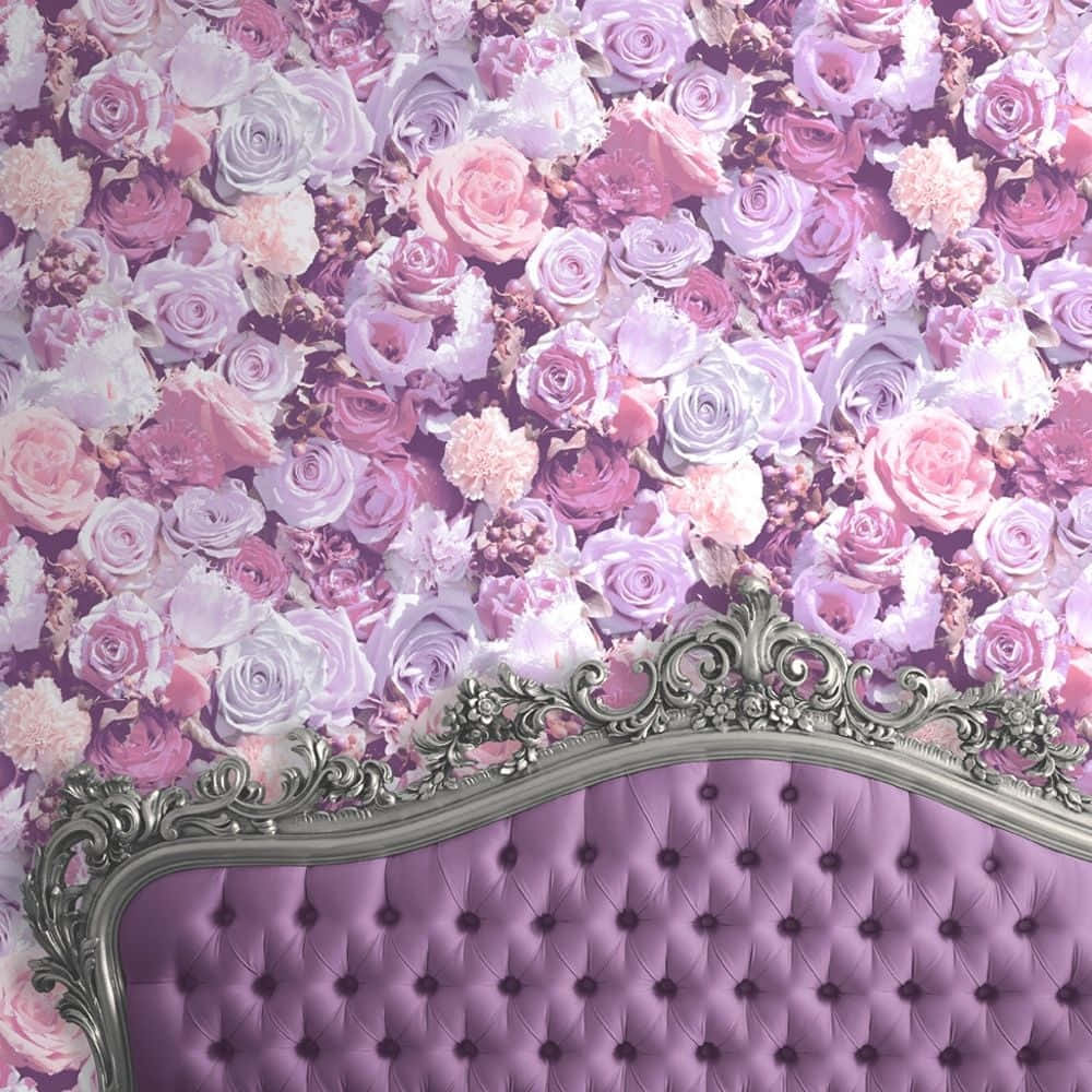 A Purple Headboard With A Floral Pattern Wallpaper