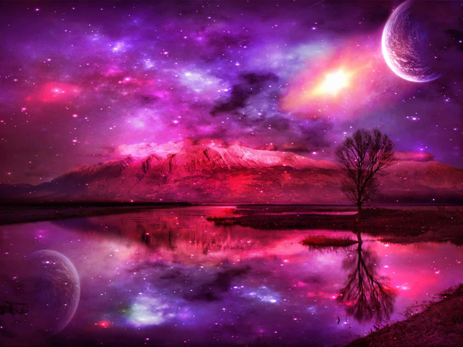 A Purple And Pink Galaxy With A Tree And A Lake Wallpaper
