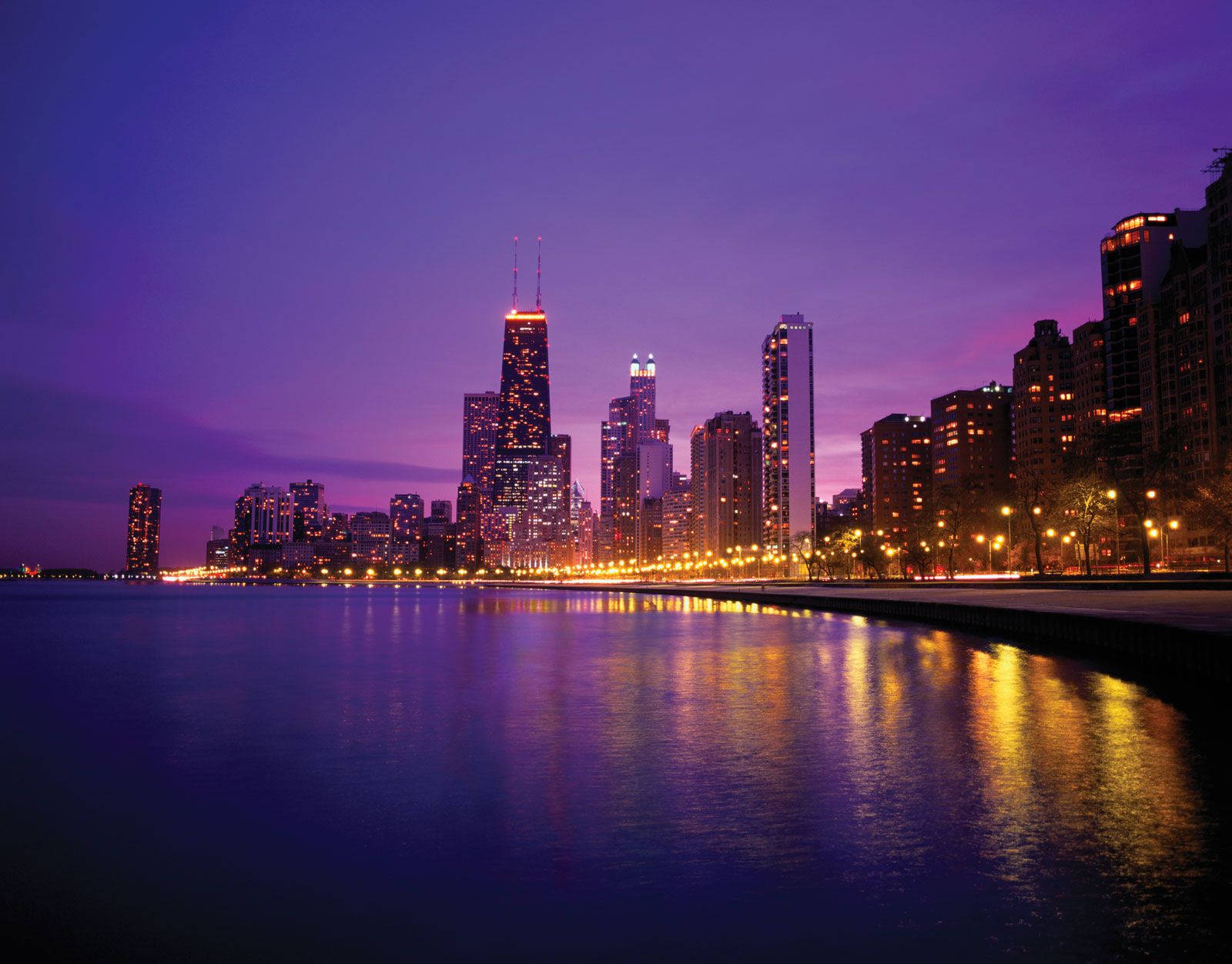 Download Purple Evening Scene In Downtown Chicago Illinois Wallpaper