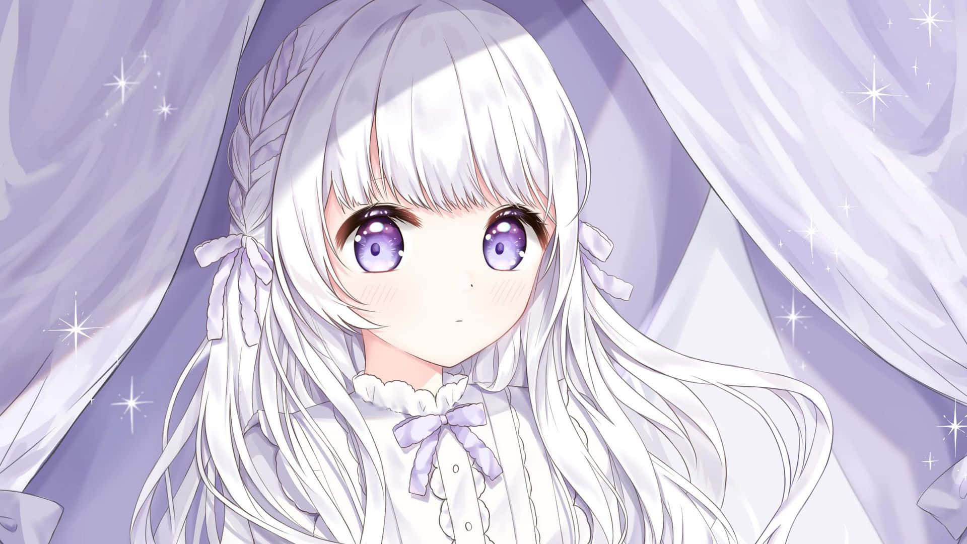Purple Eyed Anime Girl Starry Backdrop Wallpaper