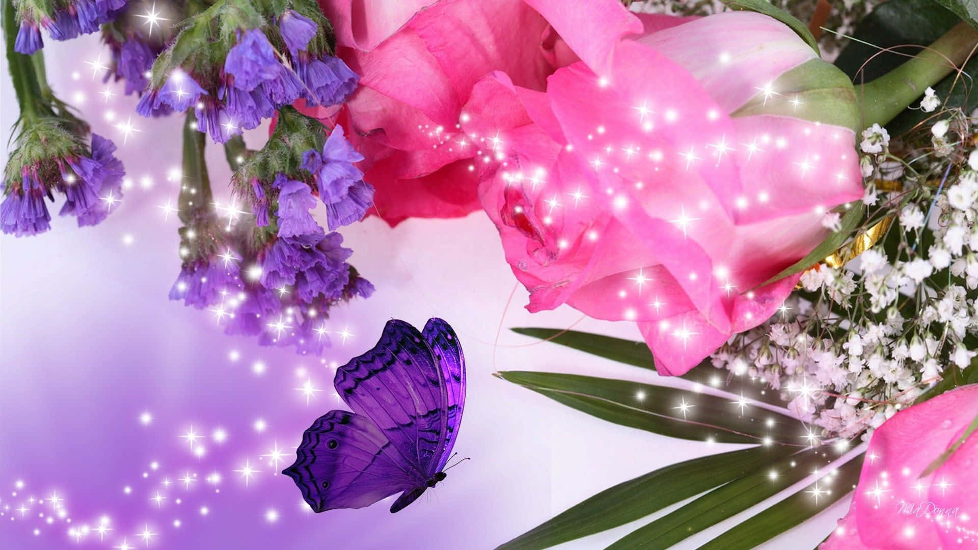 A Purple Flower With A Butterfly And Some Sparkles