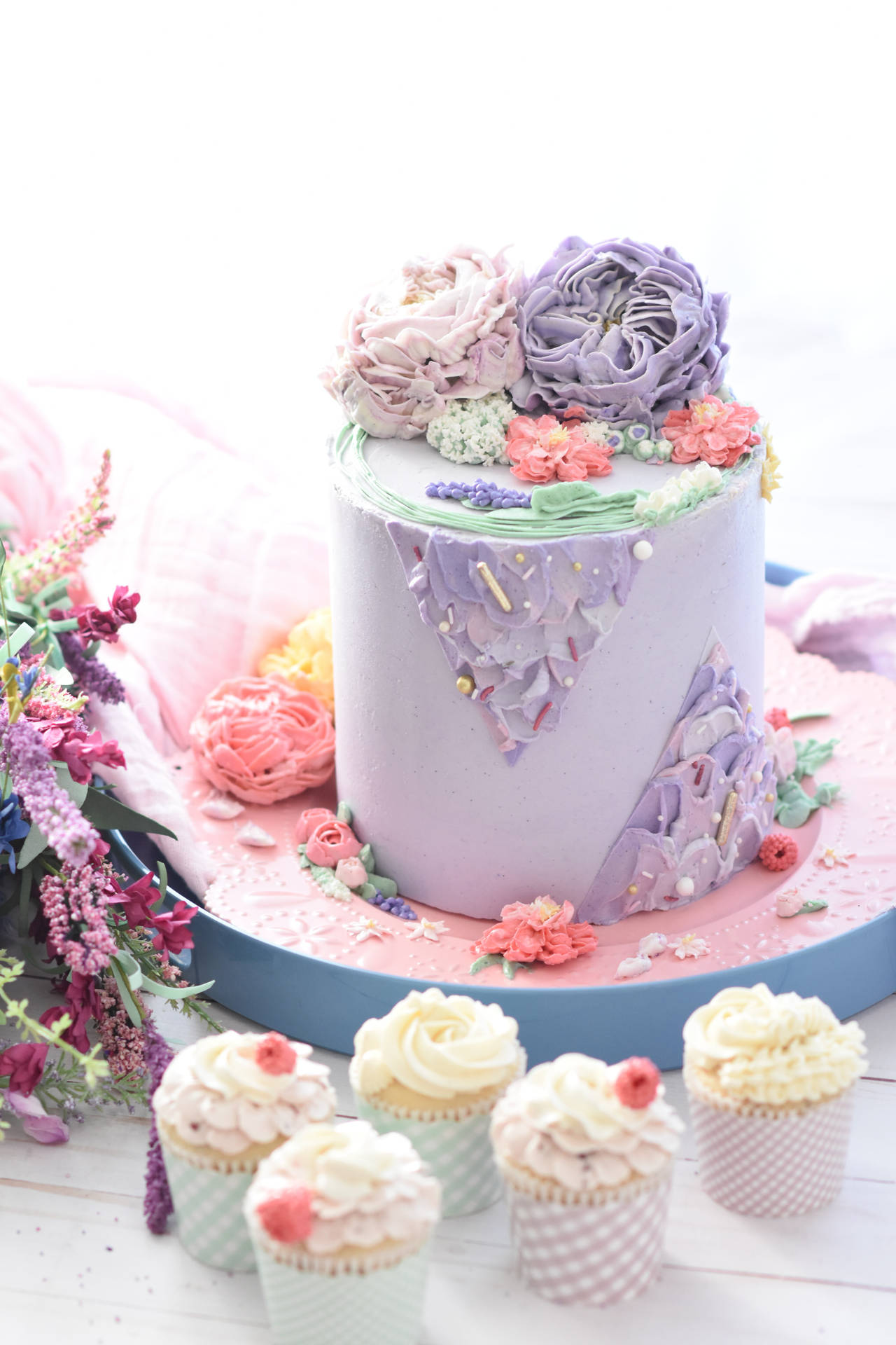Purple Floral Cake And Cupcakes