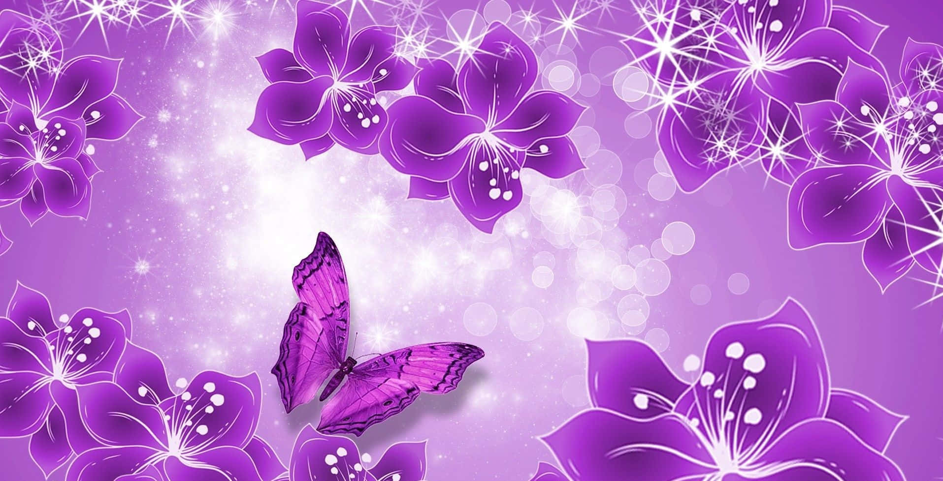 Glittering Butterfly And Purple Flowers Background