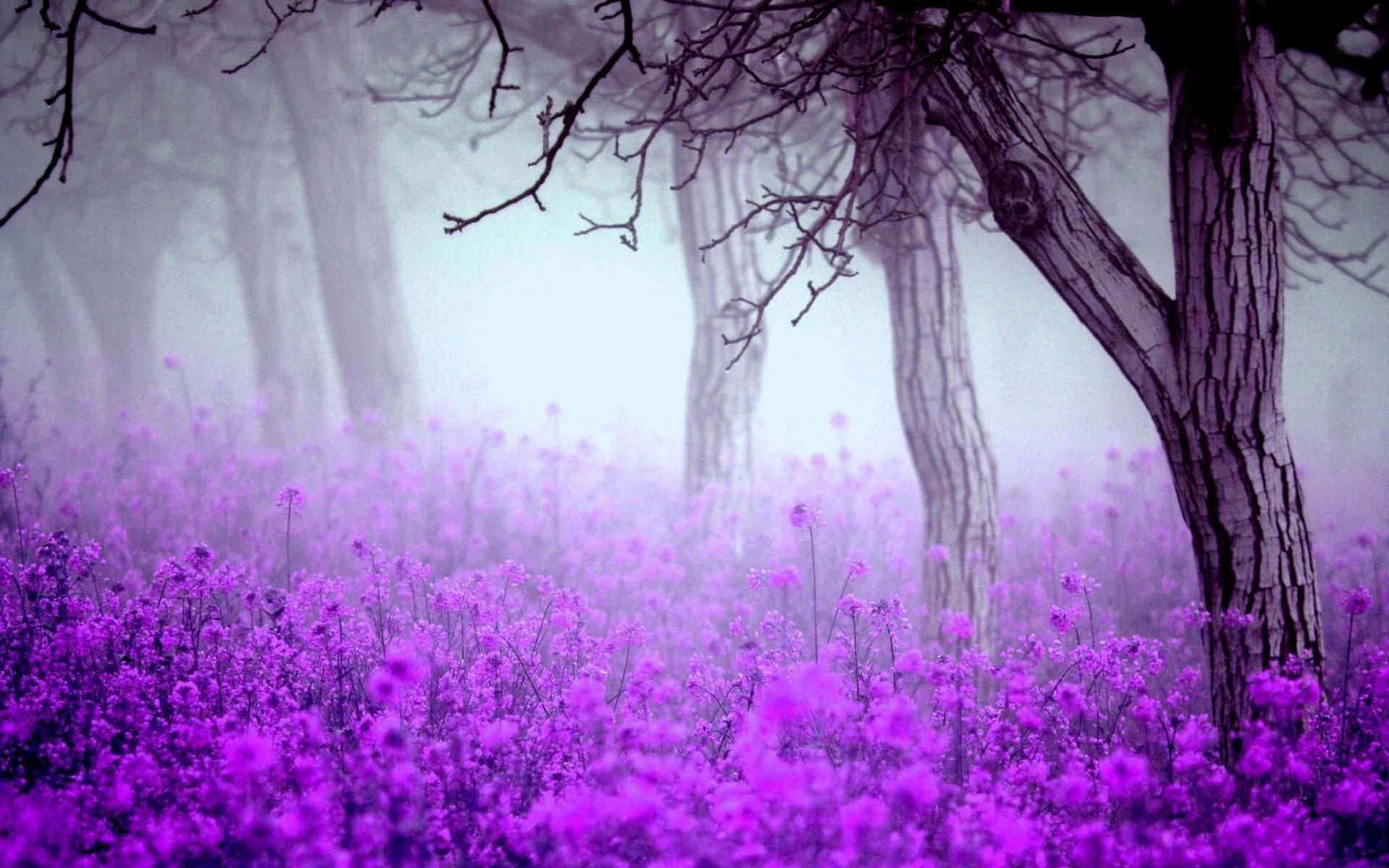 Purple Flowers In A Foggy Field